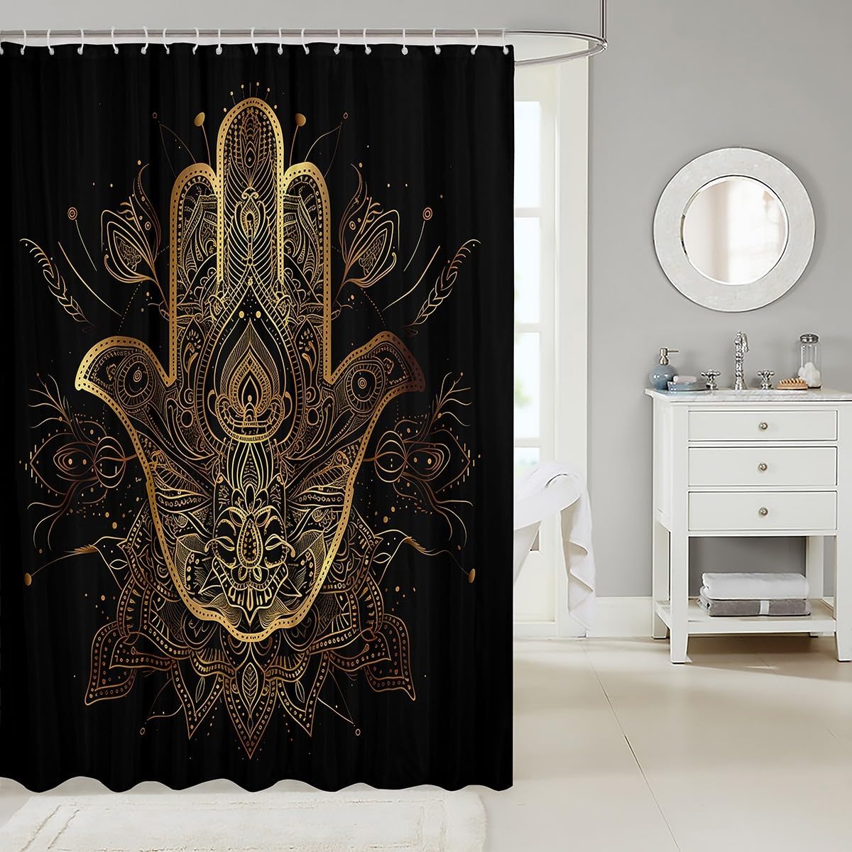 Gold Hamsa Hand Shower Curtains,Black Gold Mandala Bathroom Curtains for Kids Teens Boys,Boho Lucky Hand of Fatima Waterproof Bath Curtains,with 12 Hooks Suits for Bathtub,72" W x 78" L