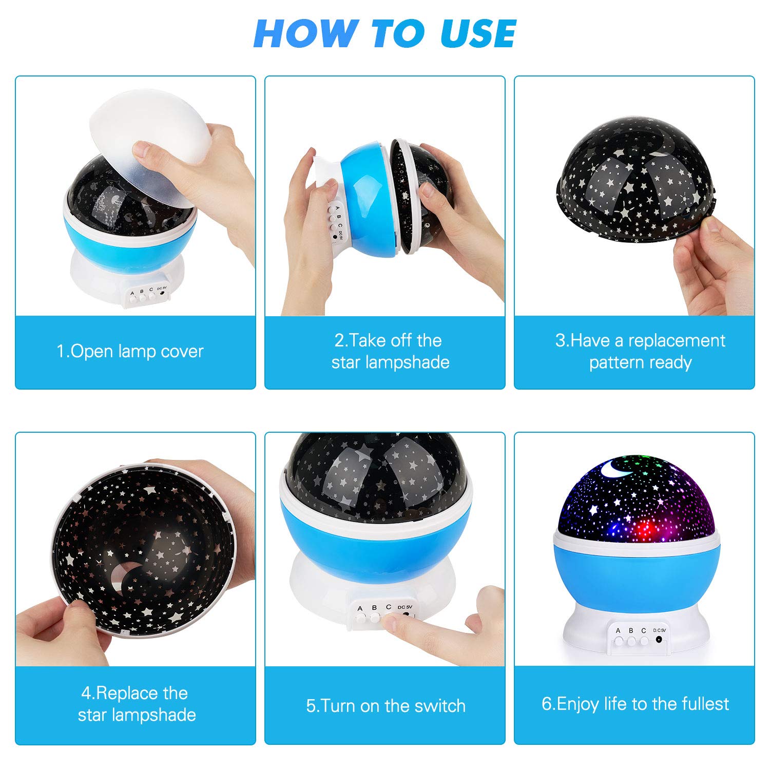 SUNNEST GYROBOWL Night Light Projector Christmas, 360-Degree Rotating 8 Colors, Upgraded 2 in 1 Kids Night Light Moon Star Projector and Undersea Lamp for Party Kids Baby Bedroom…Blue