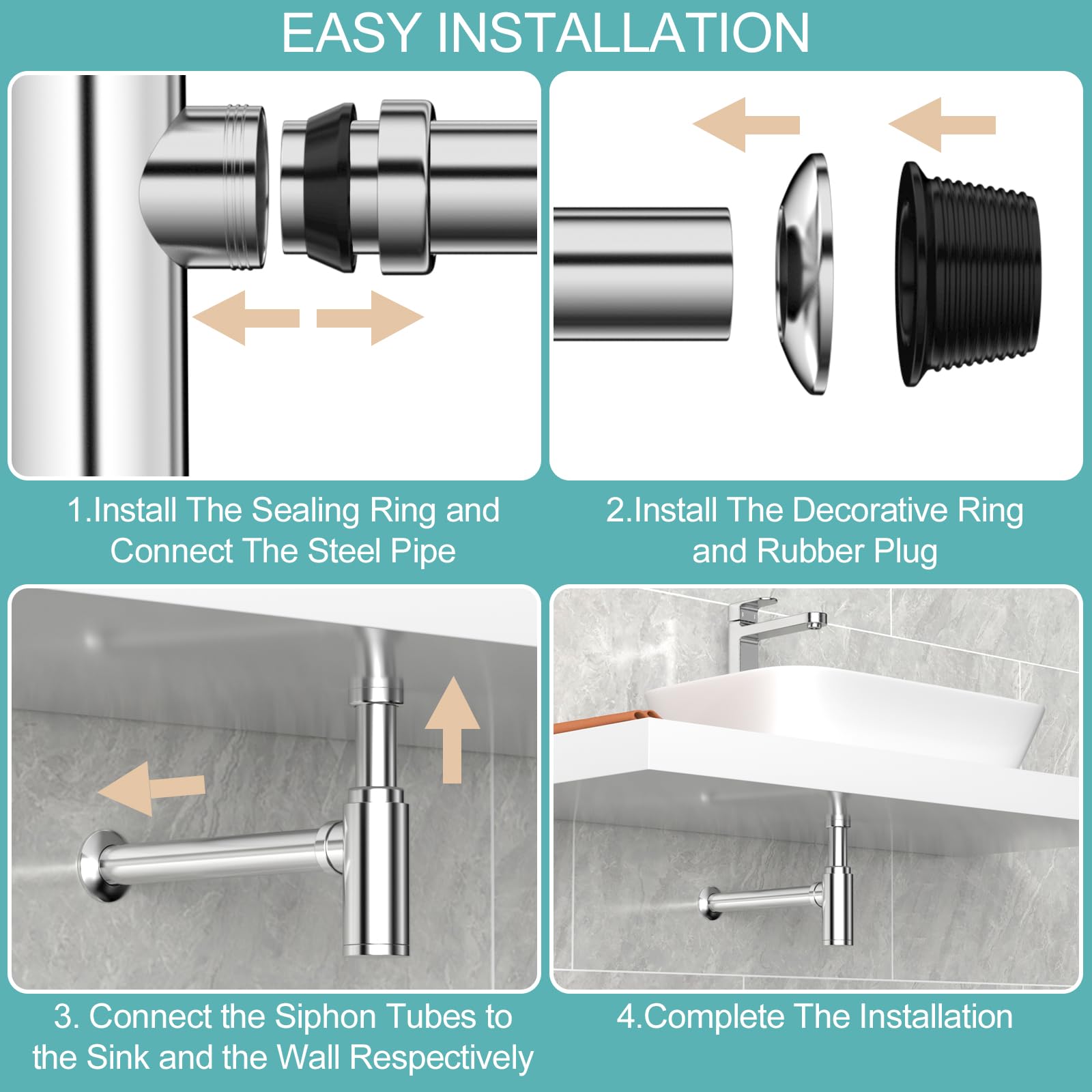 Sifón Diseño para Lavabo, Sifón Universal para Fregadero, Sifón Lavabo Universal 1 1/4", Sifón de Olores con Apertura de Limpieza, Altura Ajustable, para Fregadero y Lavadero, Cromado