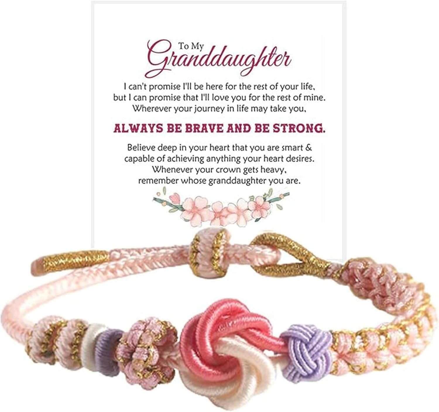 For Granddaughter - A Link That Can Never Be Undone Peach Blossom Knot Bracelet, Granddaughter Bracelet from Grandma Always Brave And Strong Adjustable Hand Braided DIY Bracelet For Women Christmas Jewelry Gifts 