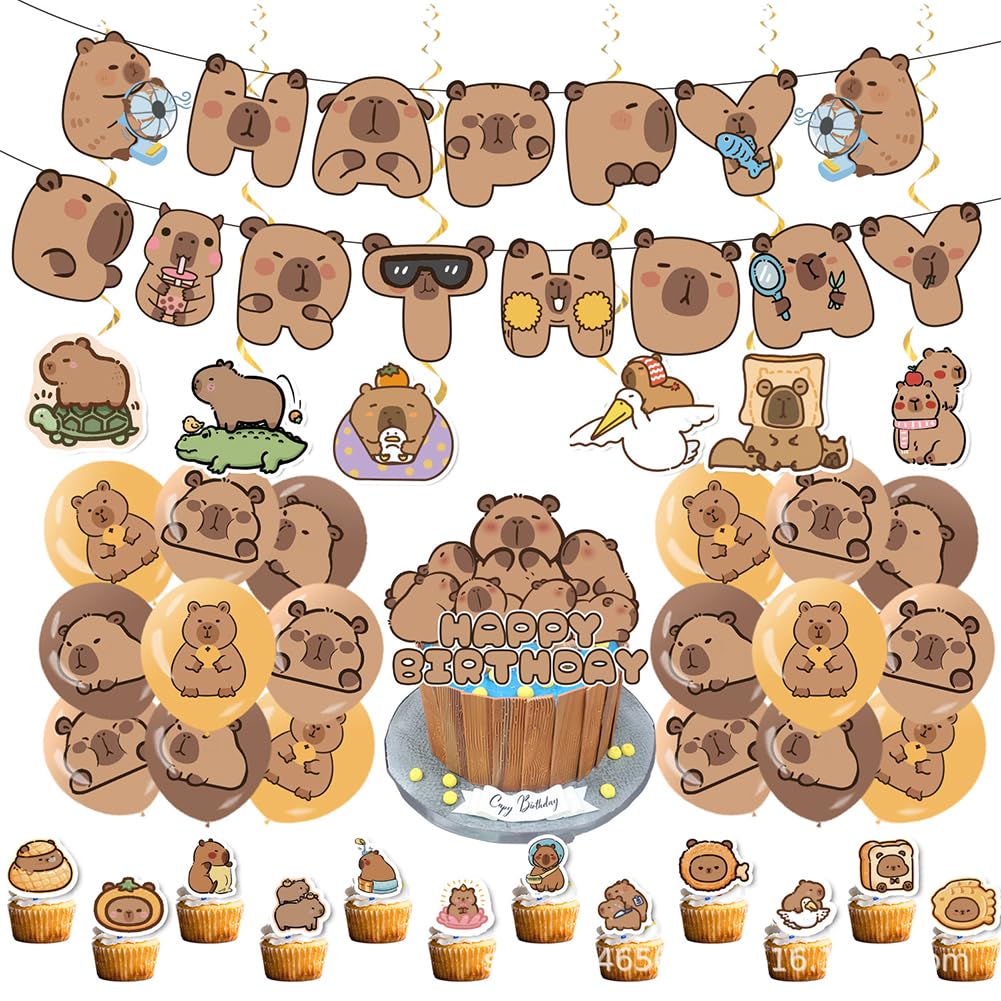 HOXSNII 32PCS Capybara Birthday Decorations, Capybara Themed Party Supplies, Brown Animal Print Balloons, Flags, Banner, Perfect for Birthdays