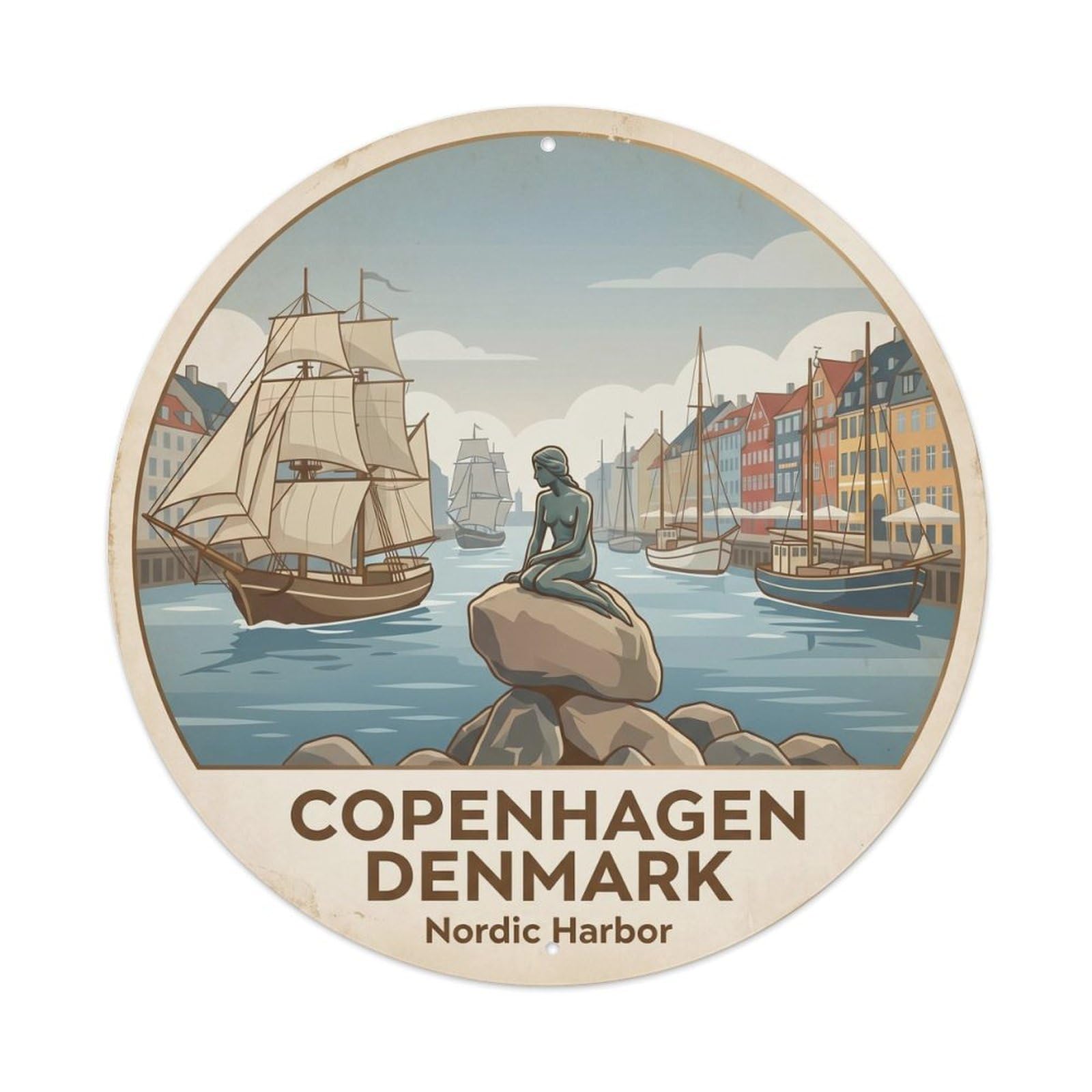 Vintage Travel Copenhagen Denmark Mermaid Metal Tin Sign