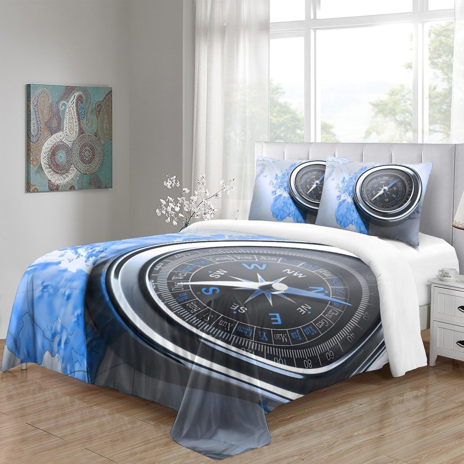 navegación con mapa y brújula 3D Impresión Funda de edredón 3pz Microfibra antimanchas diseño de guías de viaje Edredón funda 2 fundas resistente Adolescentes Adultos jóvenes Super king（260x220cm）