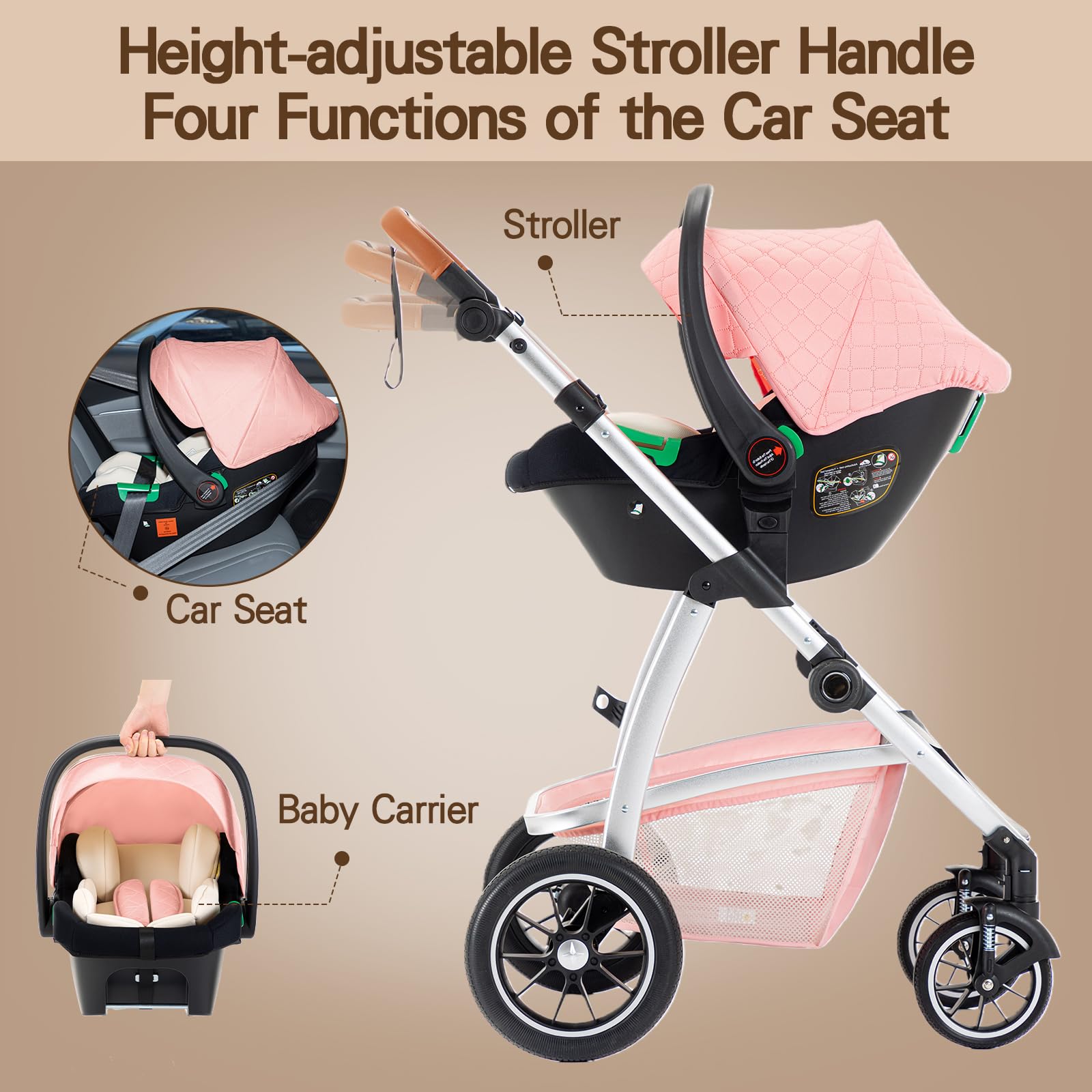 Gcarebb Passeggino 3 in 1, Passeggini Cittadini Con Seggiolino Auto, Passeggino Canna Maniglia Regolabile in Altezza, Passeggini Combinati Paesaggio Alto Telaio in Alluminio Adatto Per 0-4 Anni
