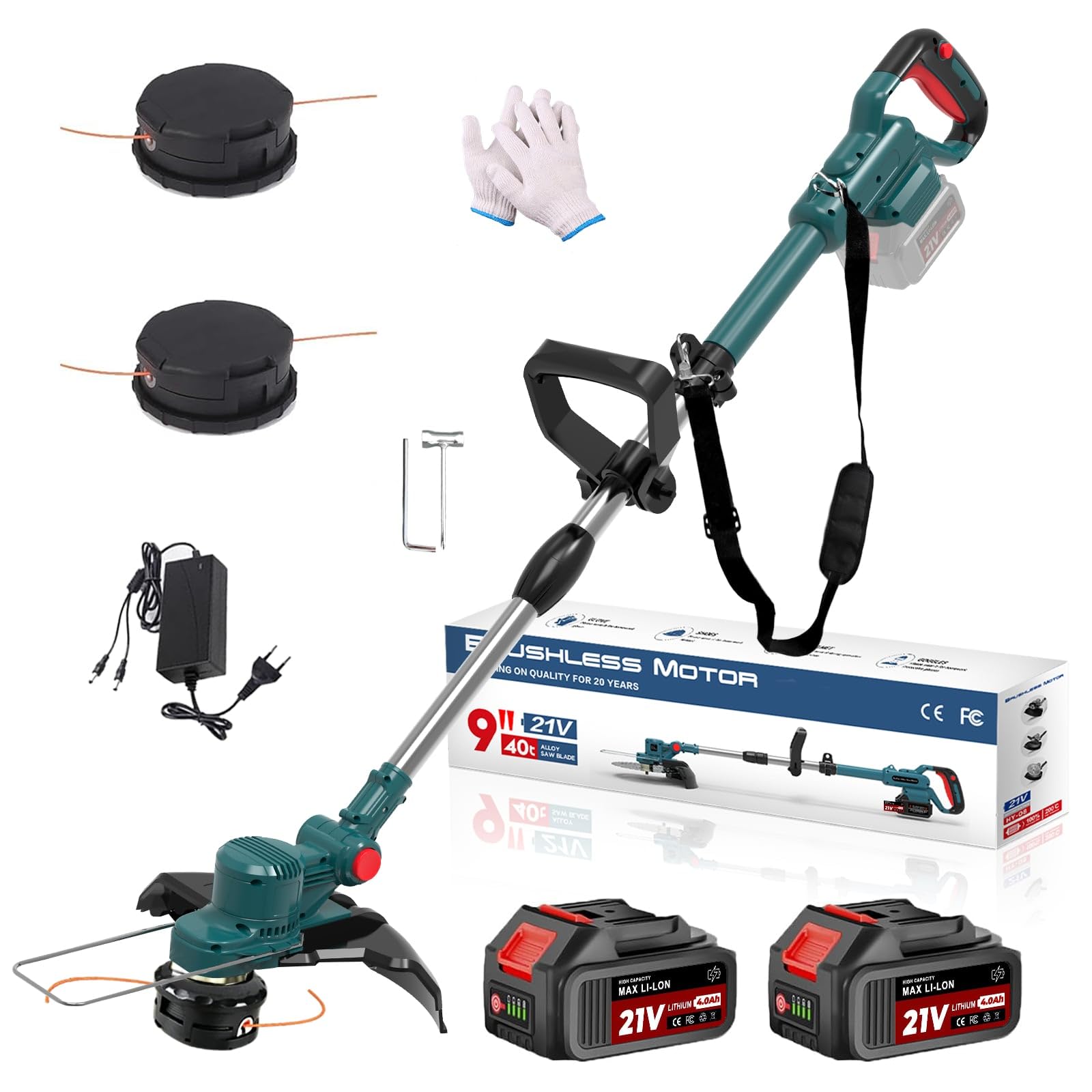 Desbrozadora con batería de 21 V × 4,0 Ah, batería para Makita, cortabordes con cepillo para malas hierbas, desbrozadora, incluye motor sin escobillas de 750 W, cargador (azul)