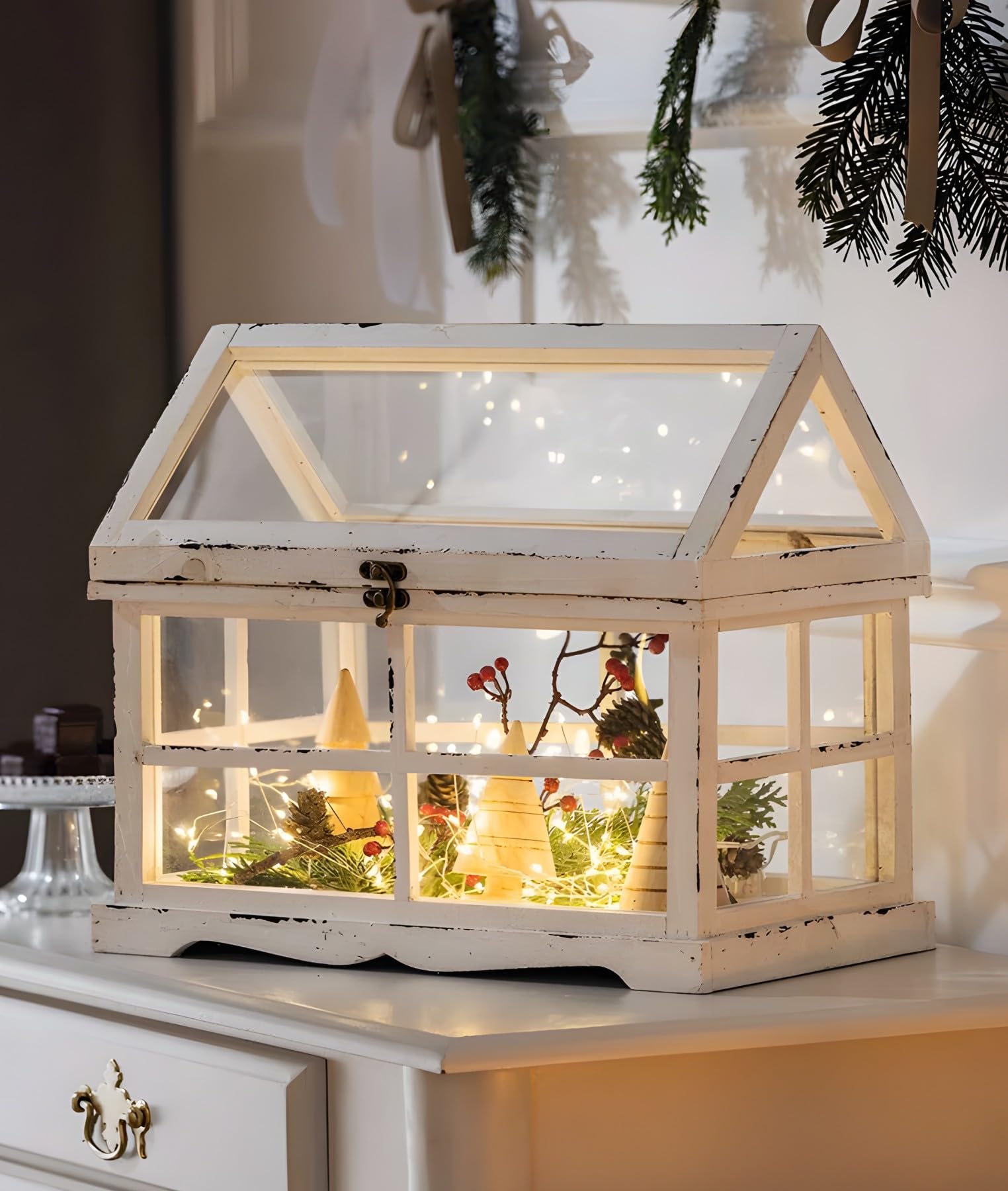 Mini-Gewächshaus “Shabby”, 37x21x31 cm, kleines Terrarium, Treibhaus, Zimmergewächshaus Weiß