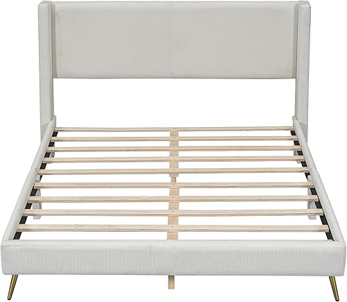 Miniatura 6 de Base de cama moderna de plataforma de pana tamaño Queen con cabecera con respaldo de alas, base de cama tapizada con patas de metal, soporte de