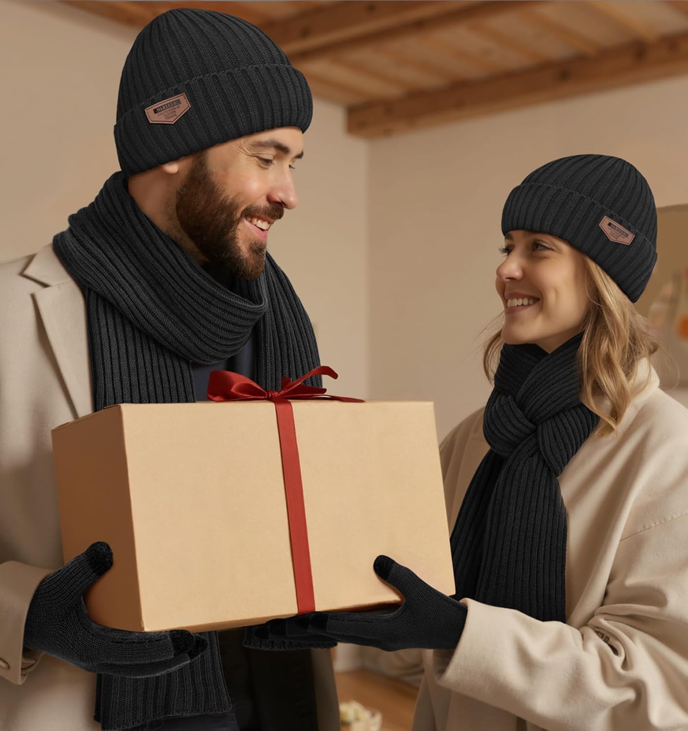 Mens Hat and Gloves Set, Warm Beanie Knit Long Scarf Fleece Lined Winter Hats Touchscreen Gloves for Men - Image 7