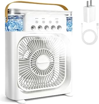 Portable Air Conditioner Fan, Mini Evaporative Air Cooler with 5 Spray Nozzles,3 Wind Speeds,3 Timers, 7 Colors LED Light,600ML Personal AC Unit Fan for Bedroom Office CampingWhite