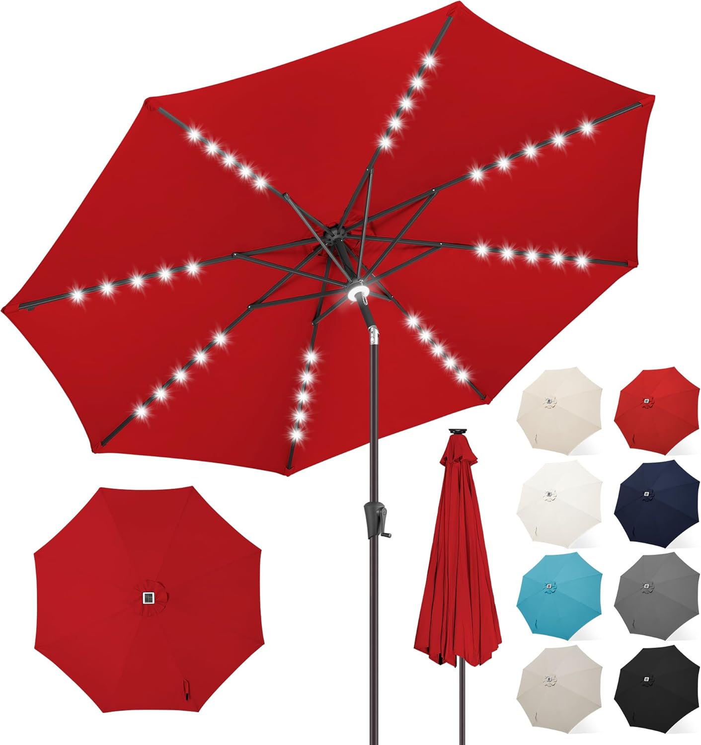 FLAME&SHADE 10 ft Solar Powered Outdoor Market Patio Table Umbrella with LED Lights and Tilt, Red