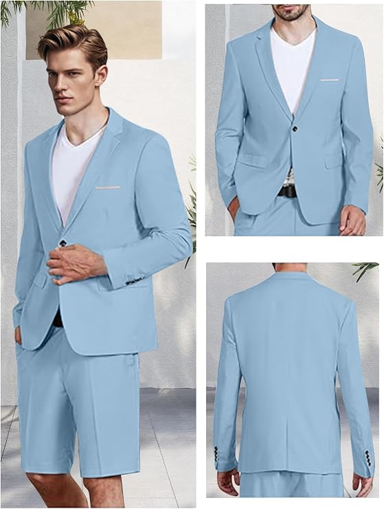 Men's 2 Piece Slim Fit Suit Two Button Blazer and Short Pants Set Summer Beach Wedding Suit Prom Dinner