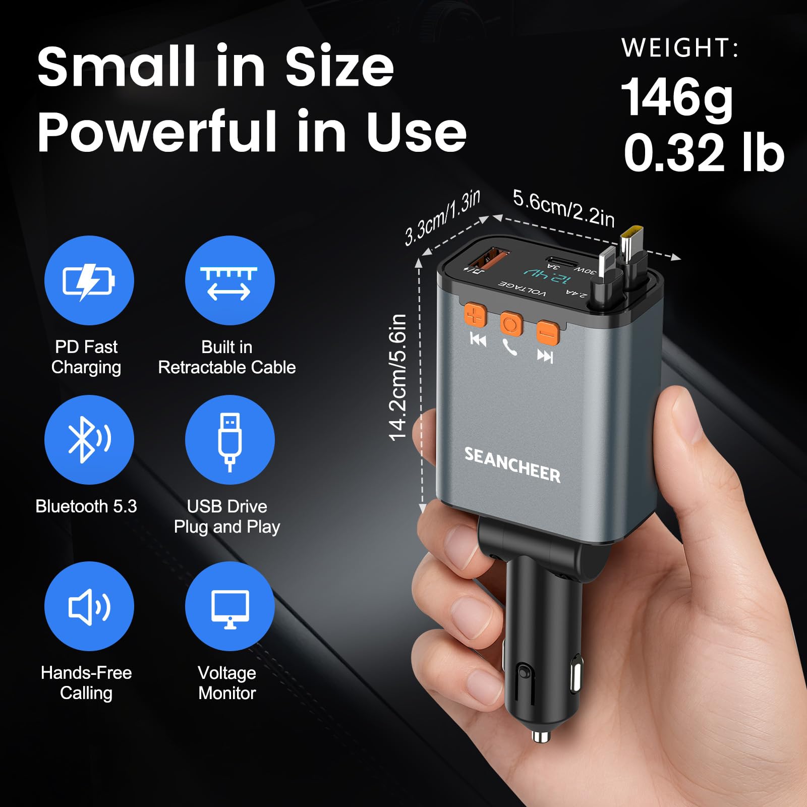 SEANCHEER Adapter Bluetooth do samochodu i zapalniczki samochodowej USB C, 69 W, ładowarka samochodowa z 2 zwijanymi kablami, transmiter FM