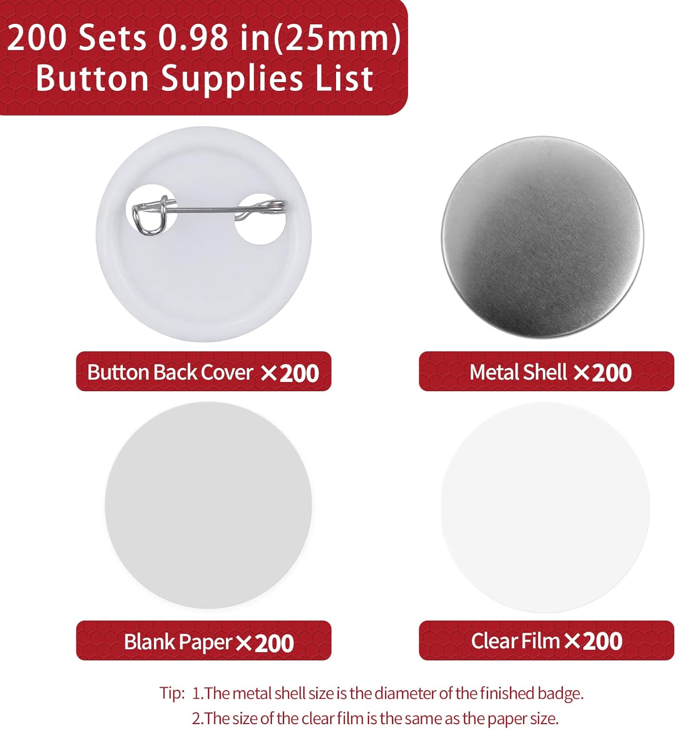 200 Sets Button Maker Supplies, 0.98 inch / 25mm Button Parts Buttons Supplies, Approx. 1 in Blank Badge Parts with Blank Paper for Buttons Maker Machine Pin Maker Press - Image 2
