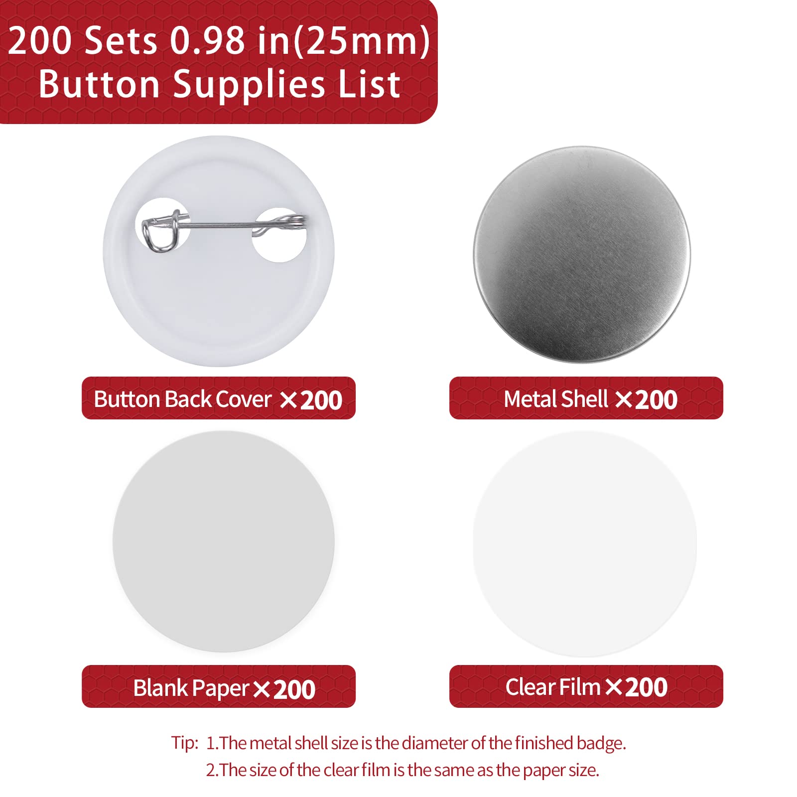 Onemorello 200 Set Button Supplies, 0.98 inch / 25mm Parts, Approx. 1 in Blank Parts for Button Maker Pin Maker Machine - Image 2