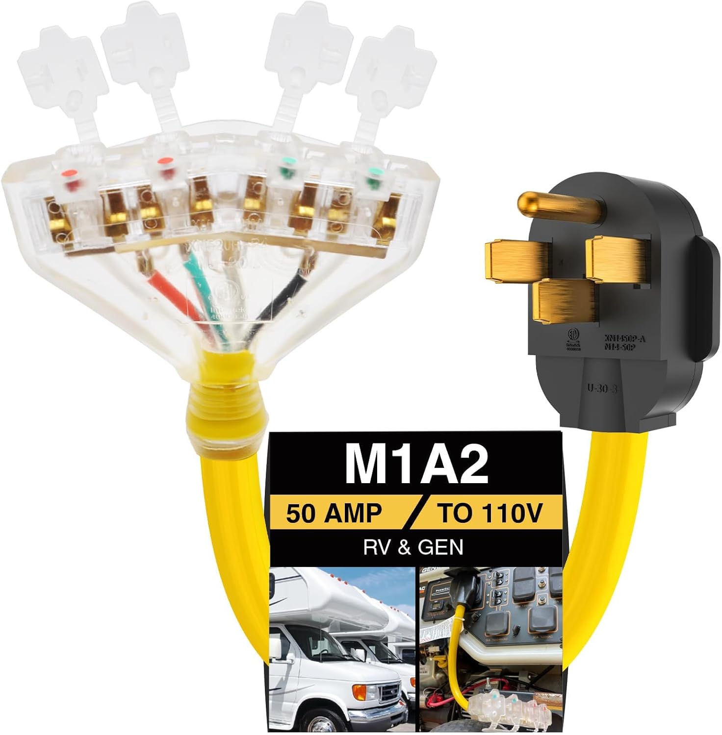 50 Amp to 20 Amp Adapter 110 RV Distribution NEMA 14-50P 4 Prong Male to 4X 5-20R Household Outlet Female with Dust Protection Caps UL Listed 1.5FT
