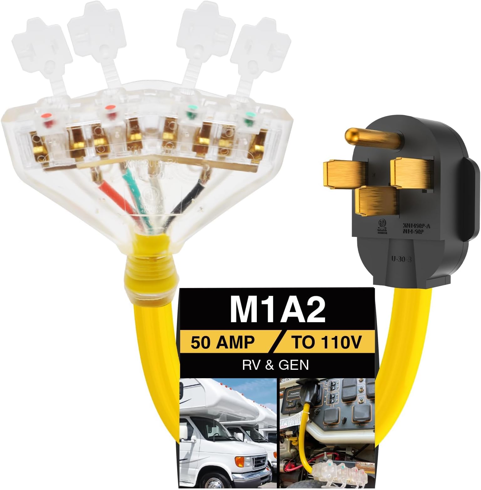 50 amp to 20 amp Adapter 110 RV Distribution NEMA 14-50P Male to 4X 5-20R 1.5 FT Household Outlet Female with Dust Protection Caps