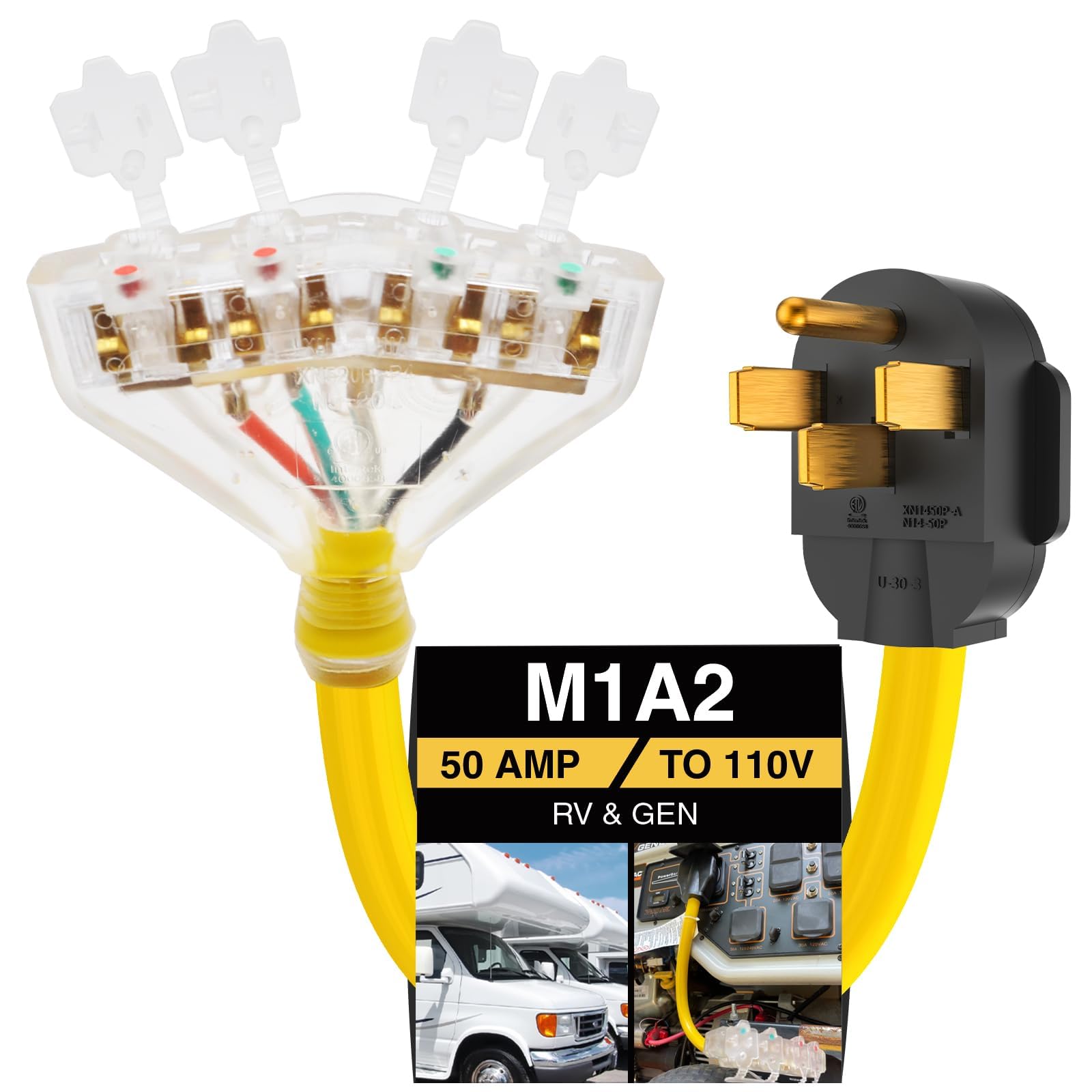 50 amp to 20 amp Adapter 110 RV Distribution NEMA 14-50P Male to 4X 5-20R 1.5 FT Household Outlet Female with Dust Protection Caps