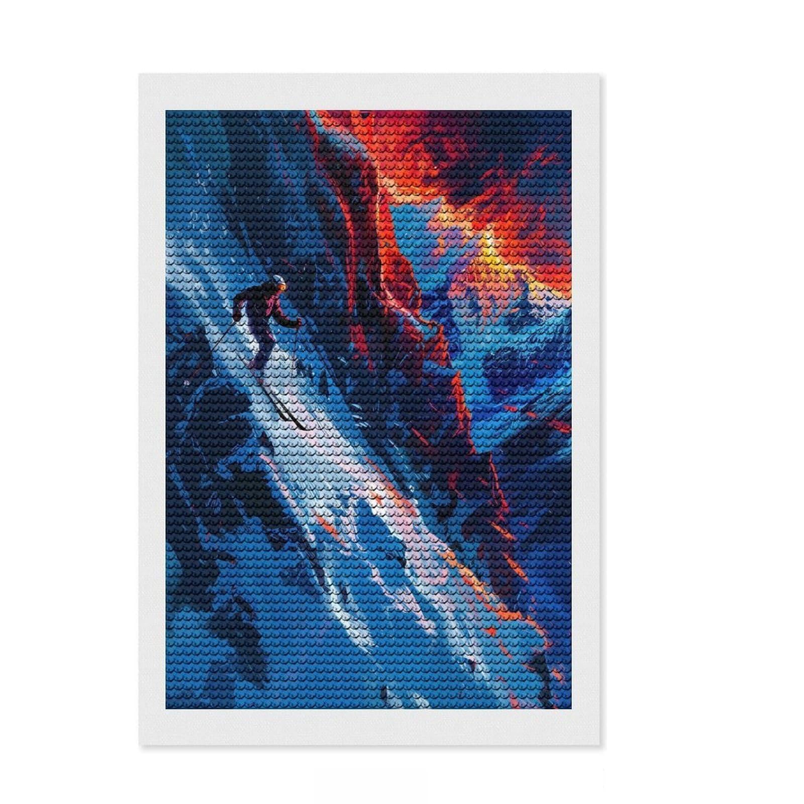 Junmoney Cool Skier in A Mountain Diamond Painting Kit 8"x12", Round Gems, for Beginners, Full Kit Included, Decor Project, Vintage Style Decor