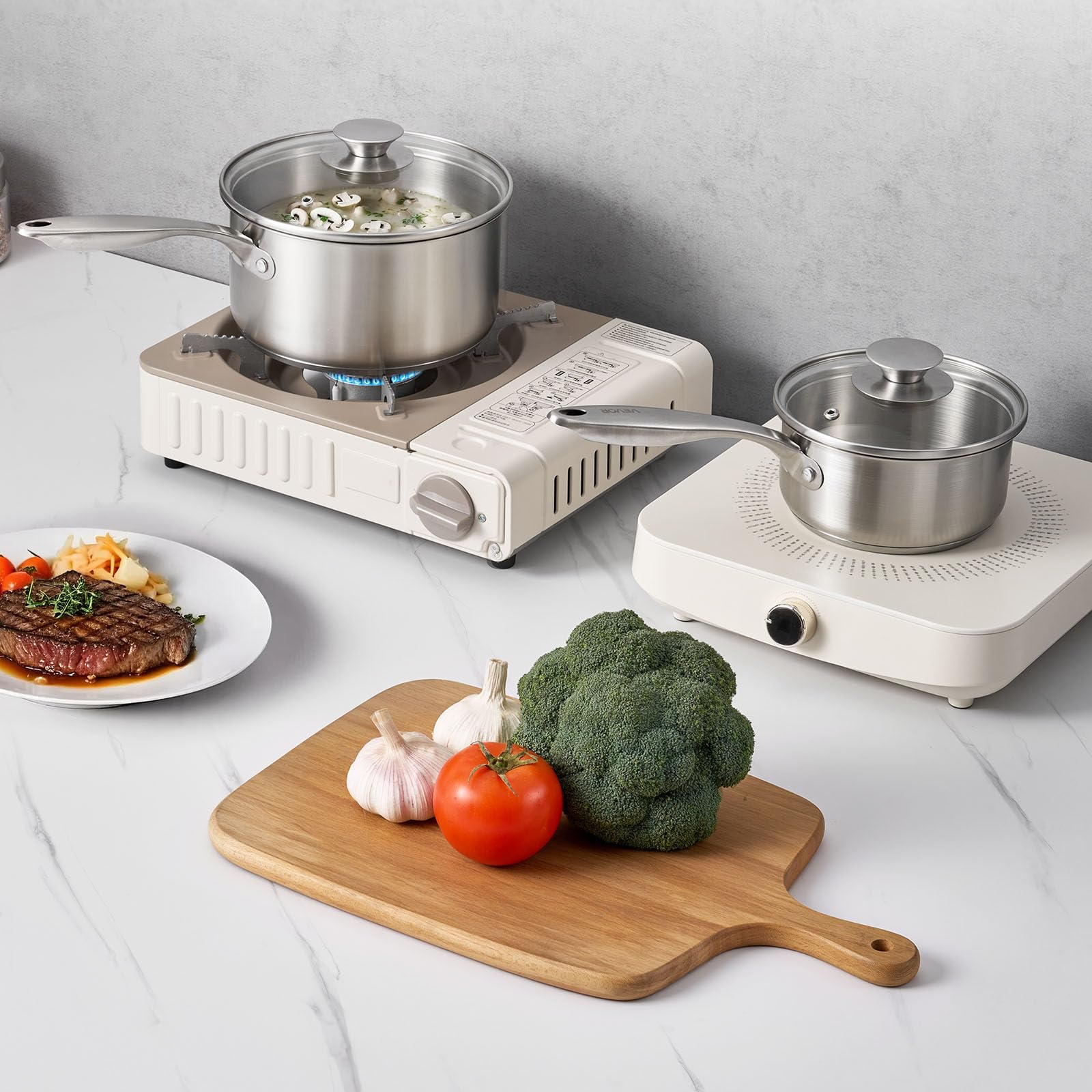 VEVOR Zestaw rondli ze stali nierdzewnej, 1 QT, 2 QT i 3 QT, ze szklanymi pokrywkami, wielofunkcyjny, nieprzywierający, ze stali nierdzewnej, z ergonomicznym uchwytem, przyjazny do piekarnika