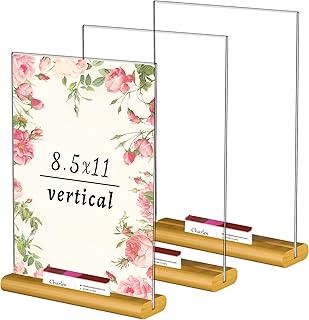 Acrylic Sign Holder 8.5 x 11,3 Pack Table Top Acrylic Display Stand Wood Base with Business Card Holder,Menu Flyer Brochure Document Paper Sign Stands for Small Business Vendor Office Supplies