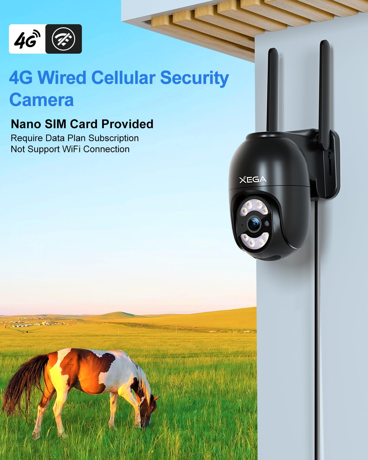 Xega 4G Camara Exterior con Tarjeta SIM, 24/7 Grabación Continua Cámara Vigilancia con Cable, PTZ 355°/100°, Detección Humano Seguimiento Automático Visión Nocturna Luz Sonido Alarma【Carga por Cable】