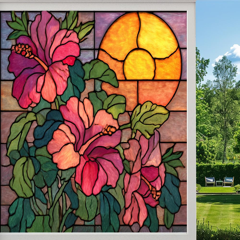 Glam Hibiscus Stained Glass Window Film, Natural Floral Sunset Scenery Peel and Stick Privacy Film, Frosted Adhesive Vinyl Decorative for Bathroom Windows Glass Doors, （90x160cm）
