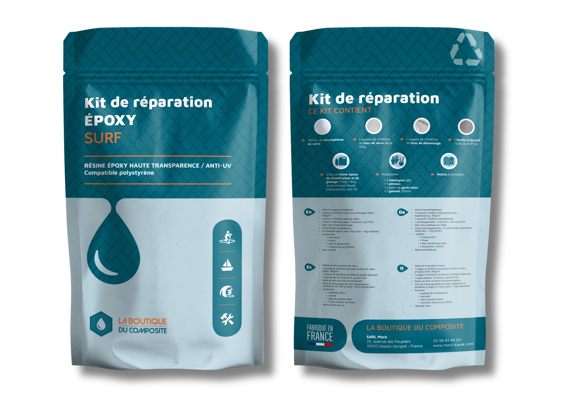 Kit de reparación epoxi surf/kite - resina antiUV compatible EPS + tejido de vidrio - repara estanqueidad y rigidez de las tablas