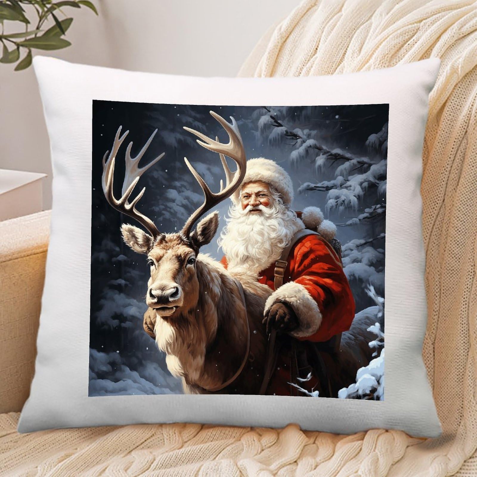 VstaDank Santa Claus and Deer Elk Throw Pillow Covers Square Cushion Cases with Zipper Soft Cotton and Linen Pillowcase Luxury Cozy Pillows Shams Lumbar Pillow Shells for All Seasons
