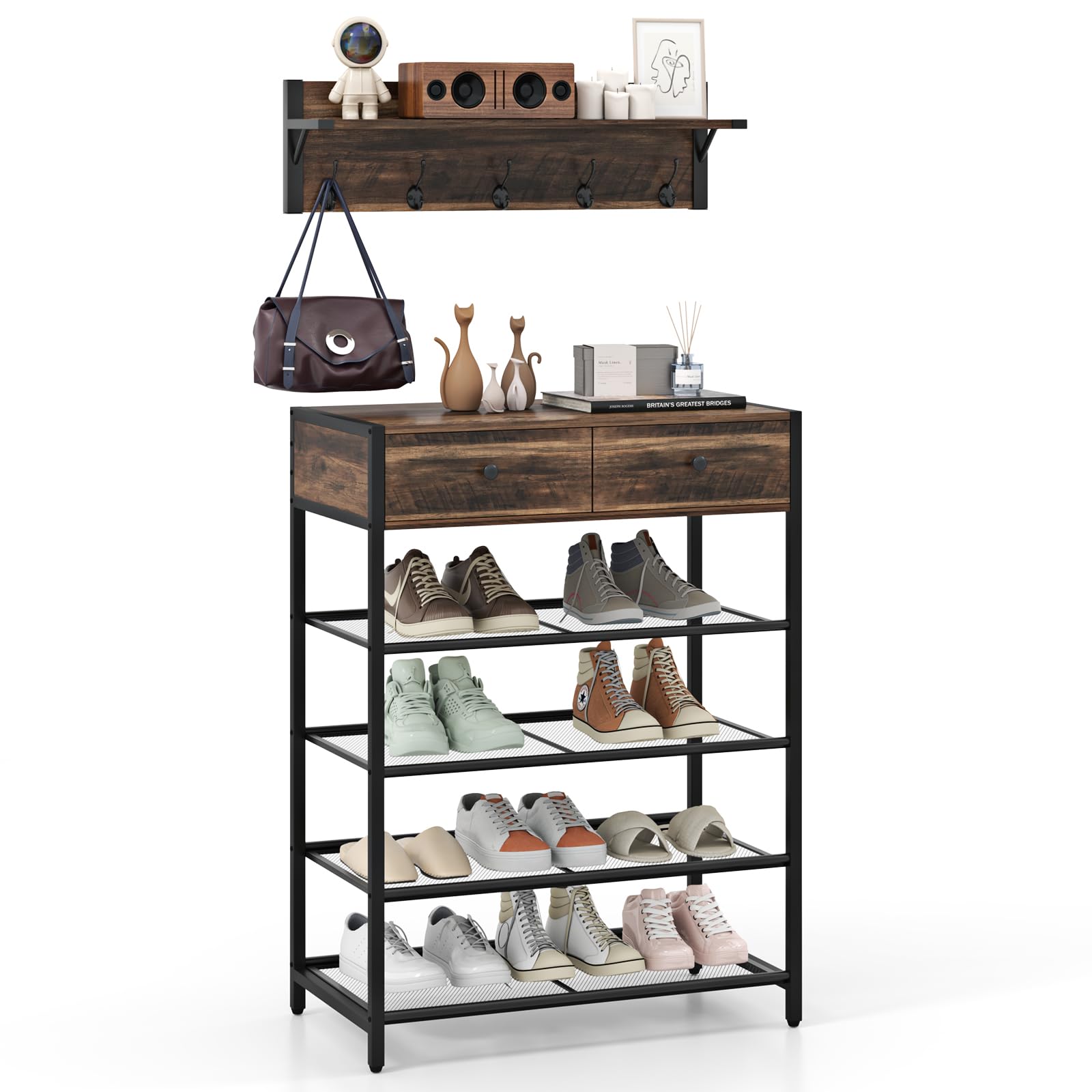 COSTWAY Shoe Stand Coat Rack Set, Industrial Entryway Foyer Console Table with Wall-Mounted Rack, Hooks, Drawers & Shelves, Metal Frame Wooden Hallway Furniture Set