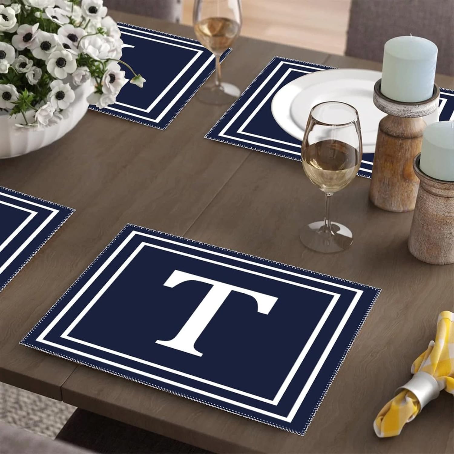 Placemat Monogram Initial Letter T Home Kitchen Restaurant Christmas Party Decoration Polyester Table Mat Set of 6 Alphabet Home Decor Kitchen Table Mats Heat Resistant Place Mats