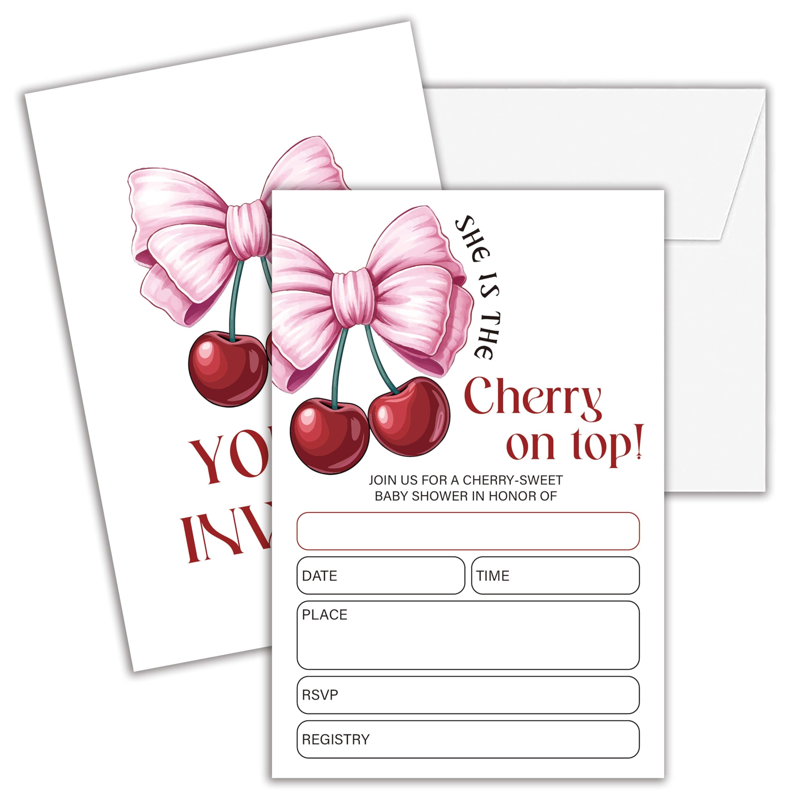 Cazhes Baby Shower Invitations for Girl, 25 Double-Sided Pink Bow Baby Shower Invites, Cherry On Top Party Decorations Supplies Favors - D08
