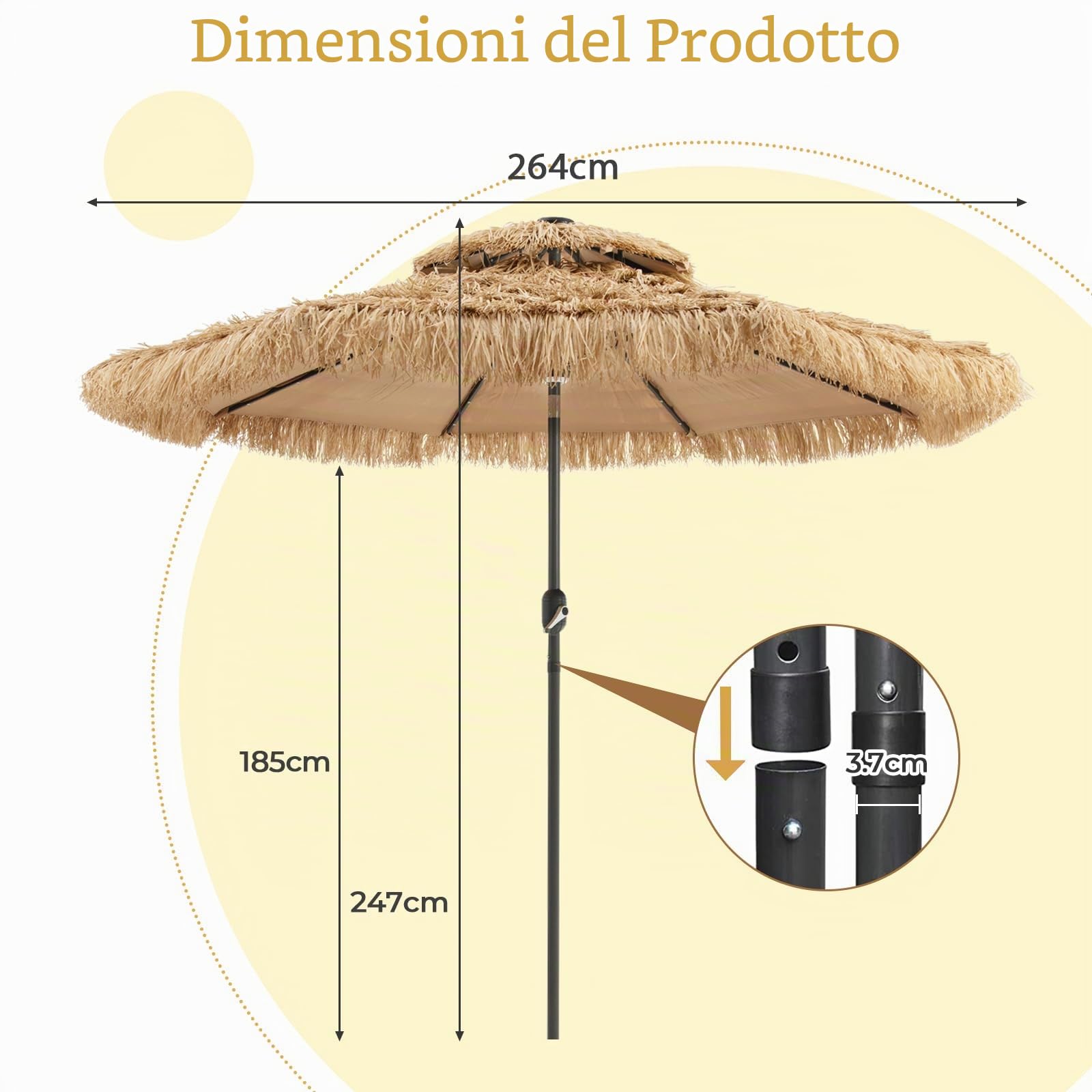 KOMFOTTEU Ombrellone da Spiaggia Ø270 cm Inclinabile in Paglia PE | Parasole Rafia con 8 Aste per Giardino Balcone senza Base, Naturale