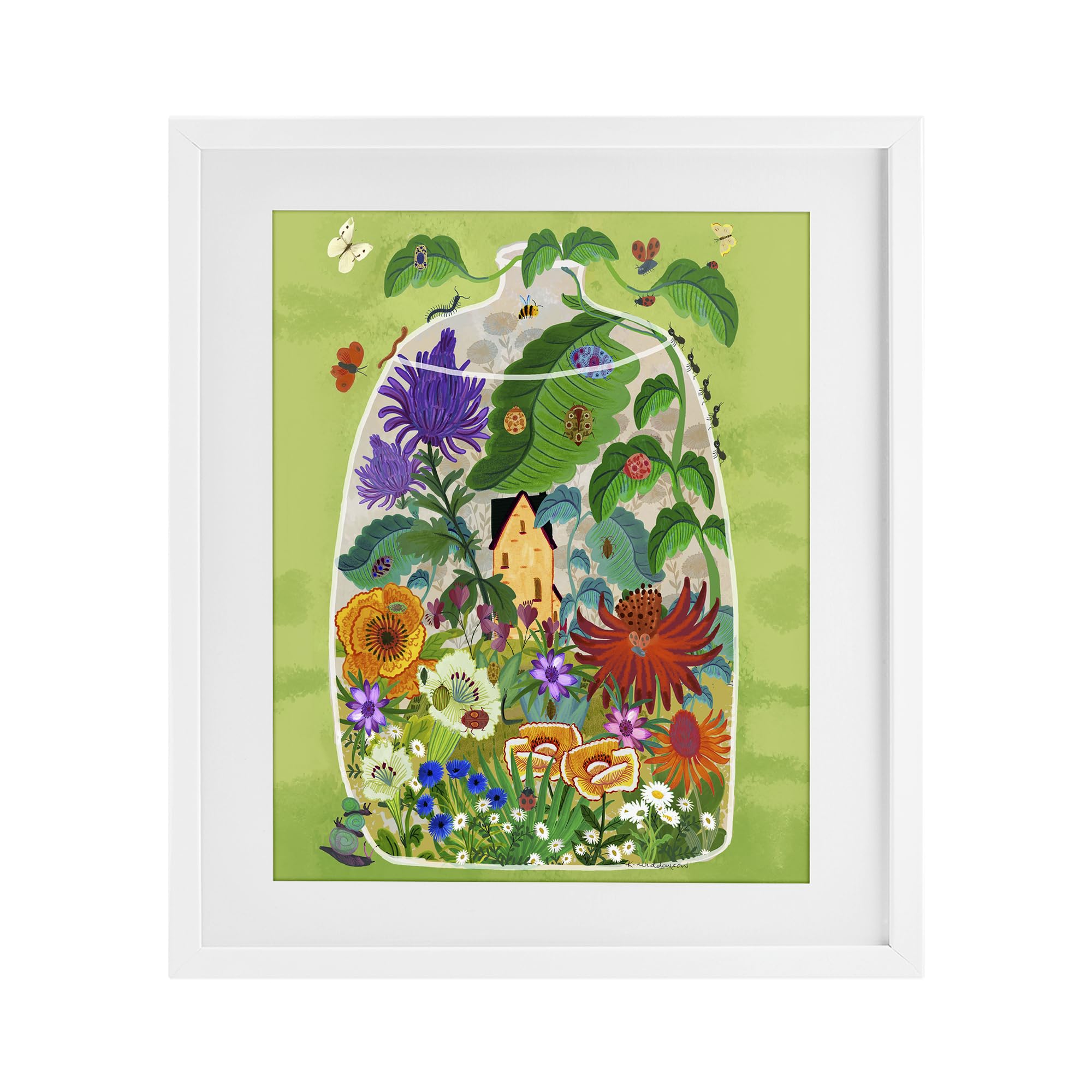 Stupell Industries Whimsical Terrarium Bug Garden 'Terrarium Bug Garden', Framed Print Under Glass, White, 17 X 21 Inches, Easy To Hang And Sturdy, Made In Usa, By Kay Widdowson