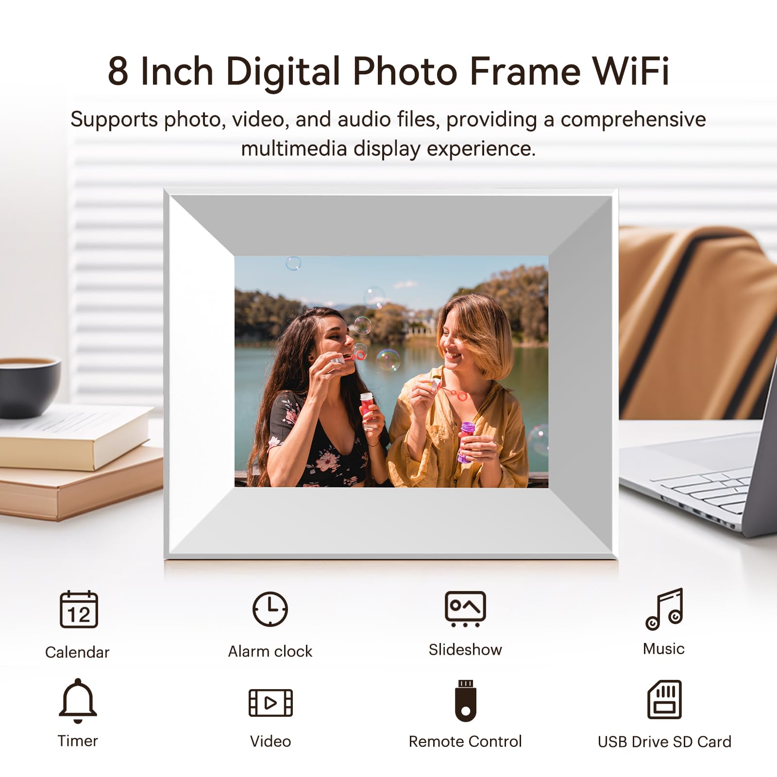 Marco Digital de 8 Pulgadas con WiFi, Smart Cloud, Marcos electrónicos de Madera, HD IPS, Pantalla táctil de 1280 x 800, 16 GB de Memoria, rotación automática, Compartir Fotos y vídeos con la