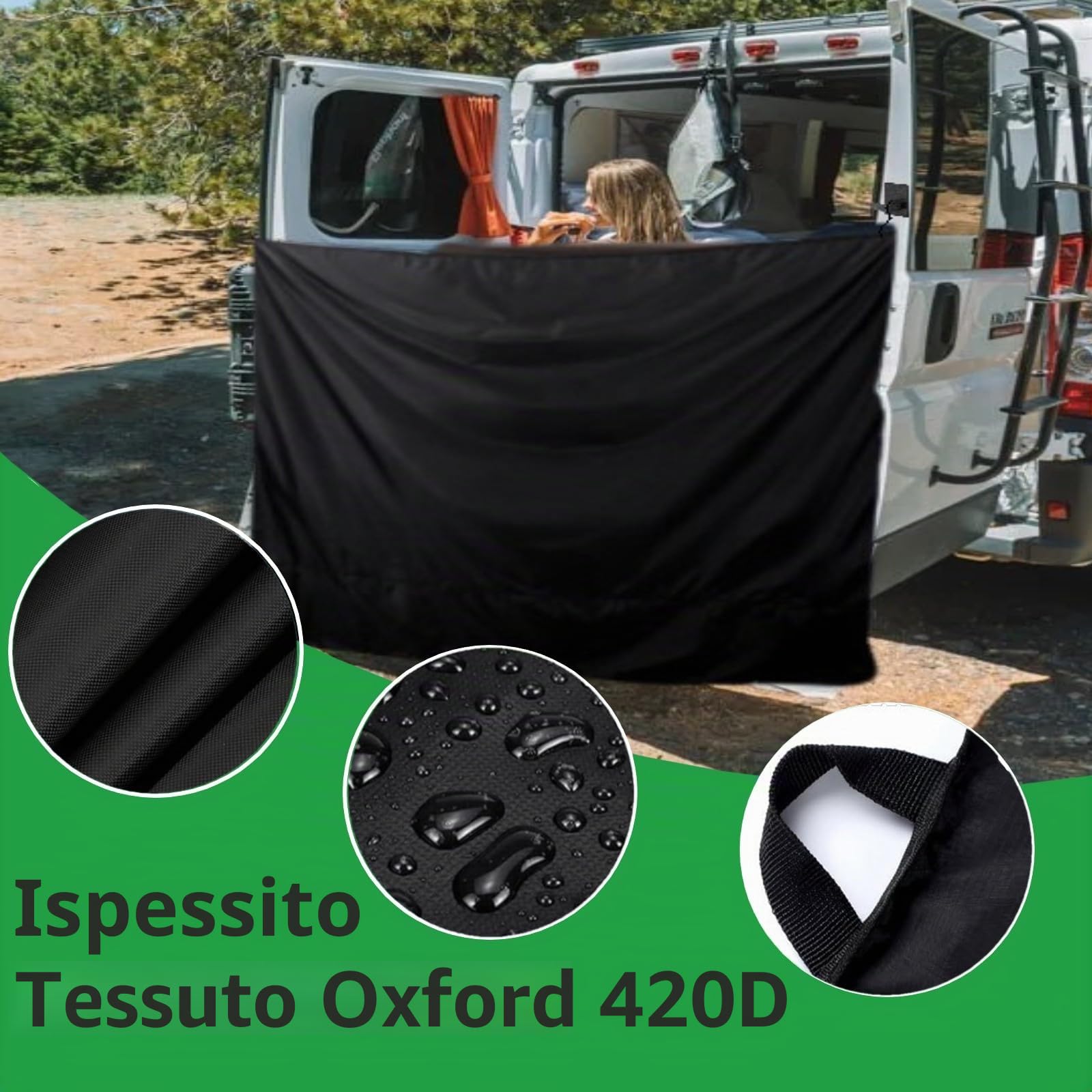 Tenda da Doccia per Porta Posteriore RV, 220x145cm / 86x57pollici 420D Panno Oxford Regolabile Impermeabile Tenda Cambiante Privacy con Gancio Magnetico per VW, Sprinter, Ram Promaster,Transit