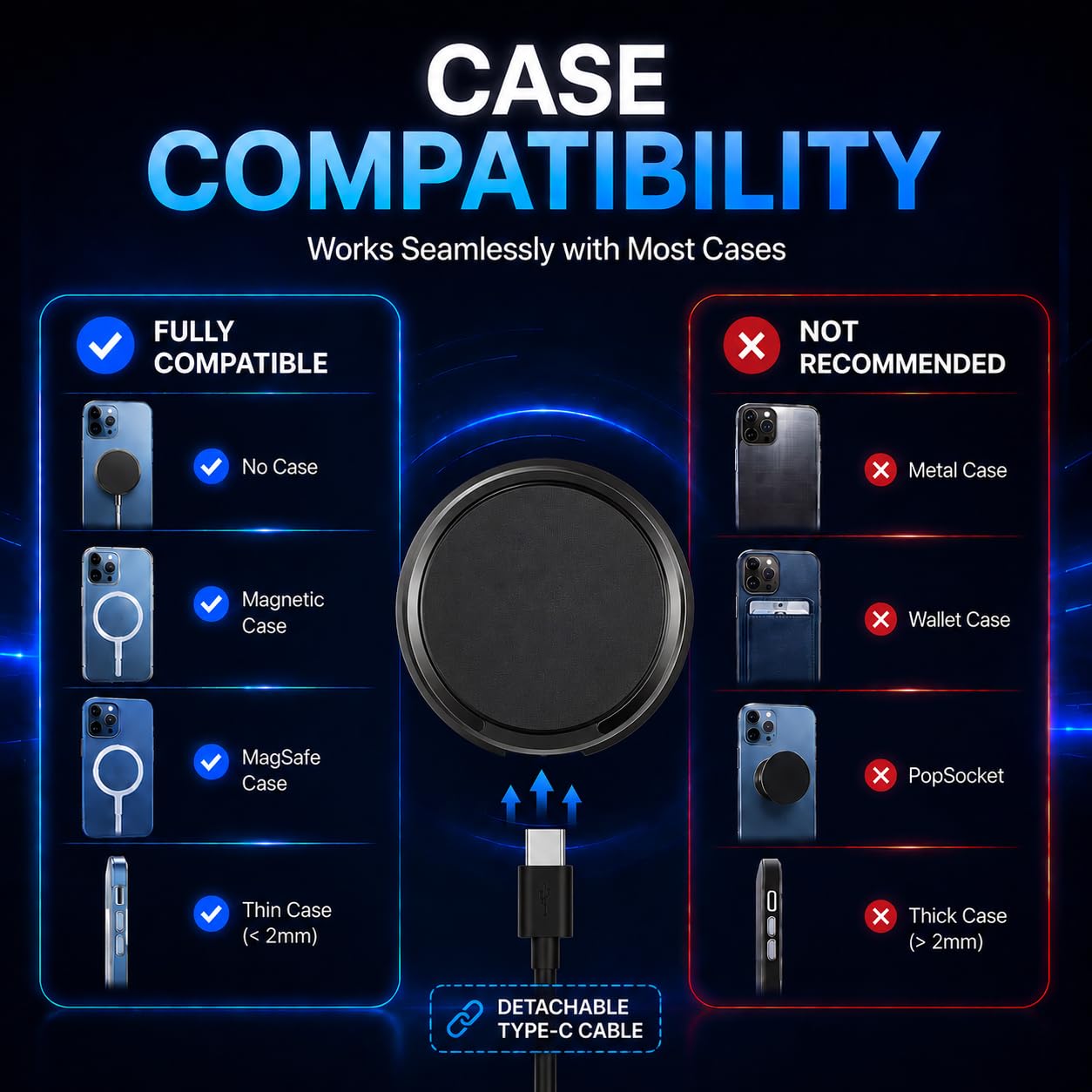 Cargador inalámbrico para iPhone, AirPods, tarjeta de seguimiento de 15 W, entrada plana de carga rápida tipo C, protección de seguridad inteligente (1, negro)