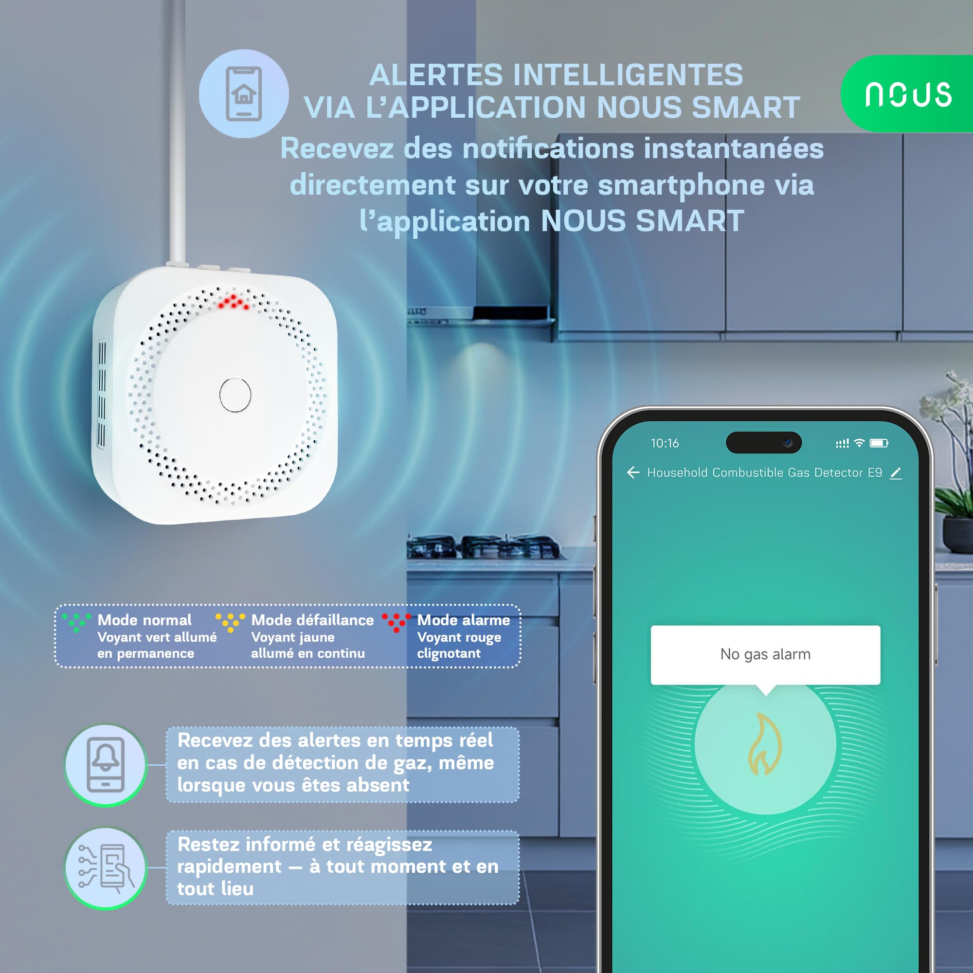 Détecteur de Gaz ZigBee NOUS E9 pour Gaz Inflammables, Alerte 85 DB, Contrôle Via App & Voix, Compatible avec Alexa, Google Assistant, Home Assistant, Tuya, Hub ZigBee Requis