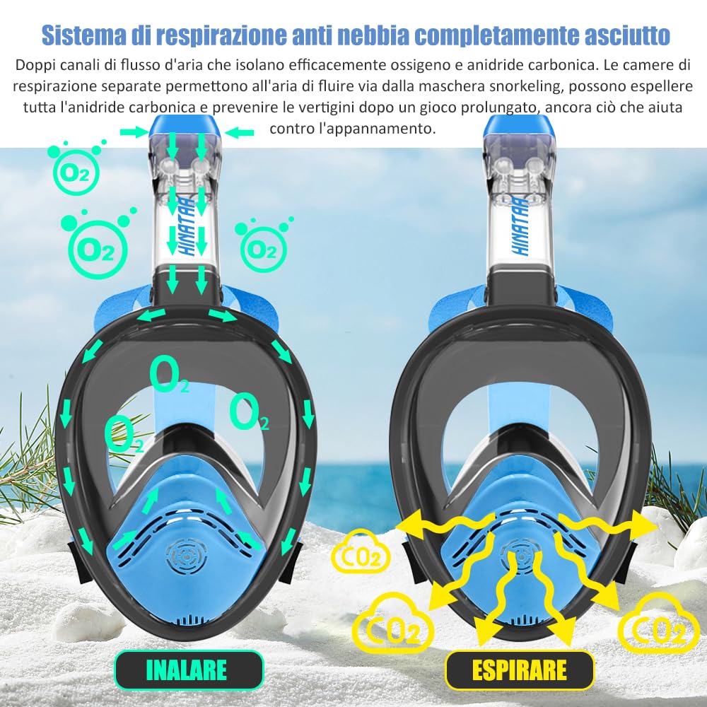 Maschera Subacquea,Doppia Palla Galleggiante Maschera Snorkeling,180° Anti-Nebbia Leak Proof Maschera Facciale Integrale Snorkeling,Fotocamere Compatibili Bambini,Adulti