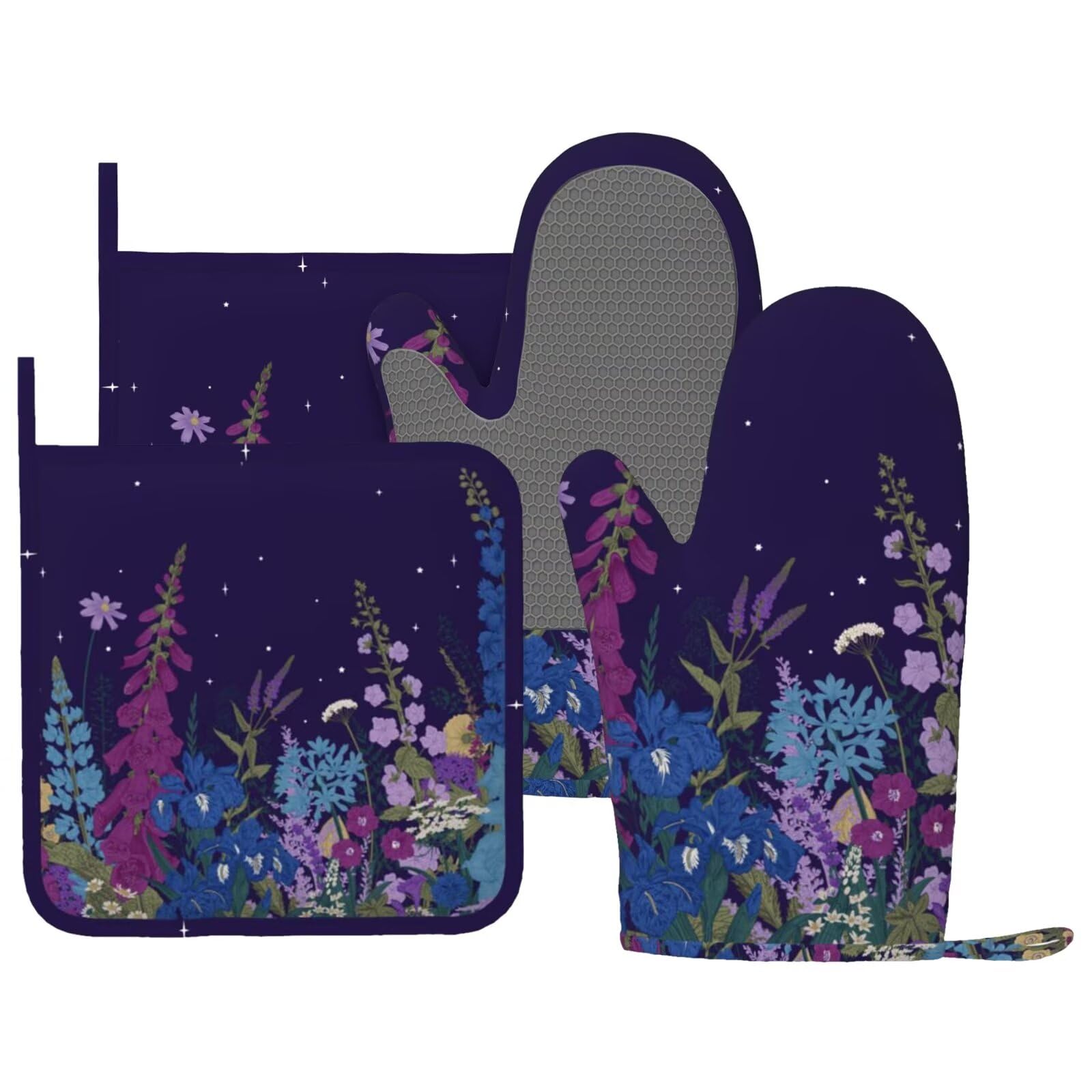 LONSANT Wildflowers Florals Oven Mitts Pot Holders Set Silicone Heat Resistant Wildflowers Oven Mitts and Hot Pads Florals Potholders Non-Slip Oven