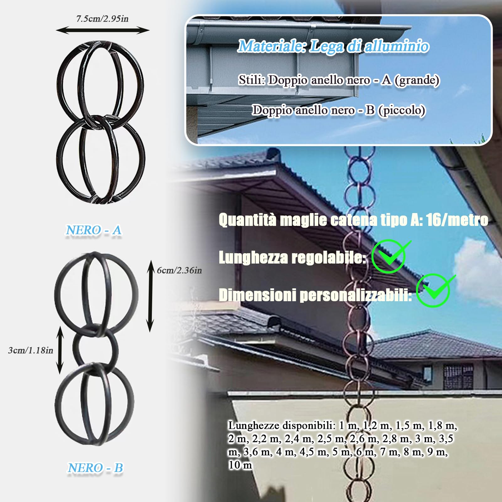 Catena per la Pioggia in Alluminio con Gancio Incluso - per Lo Scarico dell‘Acqua dai Tetti e Grondaie - Facile da Installare- Giardini, Terrazzi 2.2m(7.2ft) Nero-A