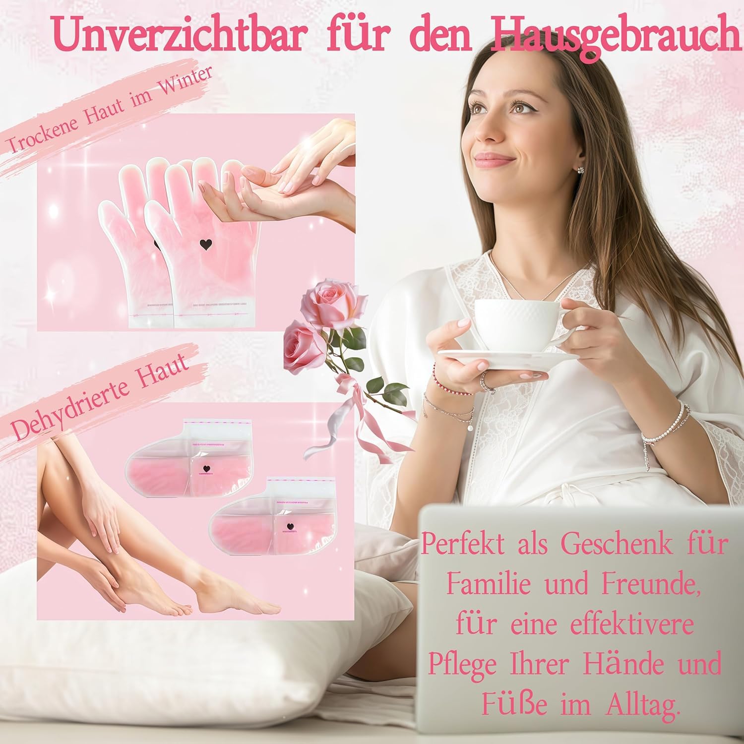 Guantes de Tratamiento de Cera de Parafina para Manos y Pies, 4 Pares Guantes de Cera Rosados, Máscara de Cera Curativa Suavizante para Piel Seca y Agrietada | Cuidado Intensivo de Manicura y Pedicura