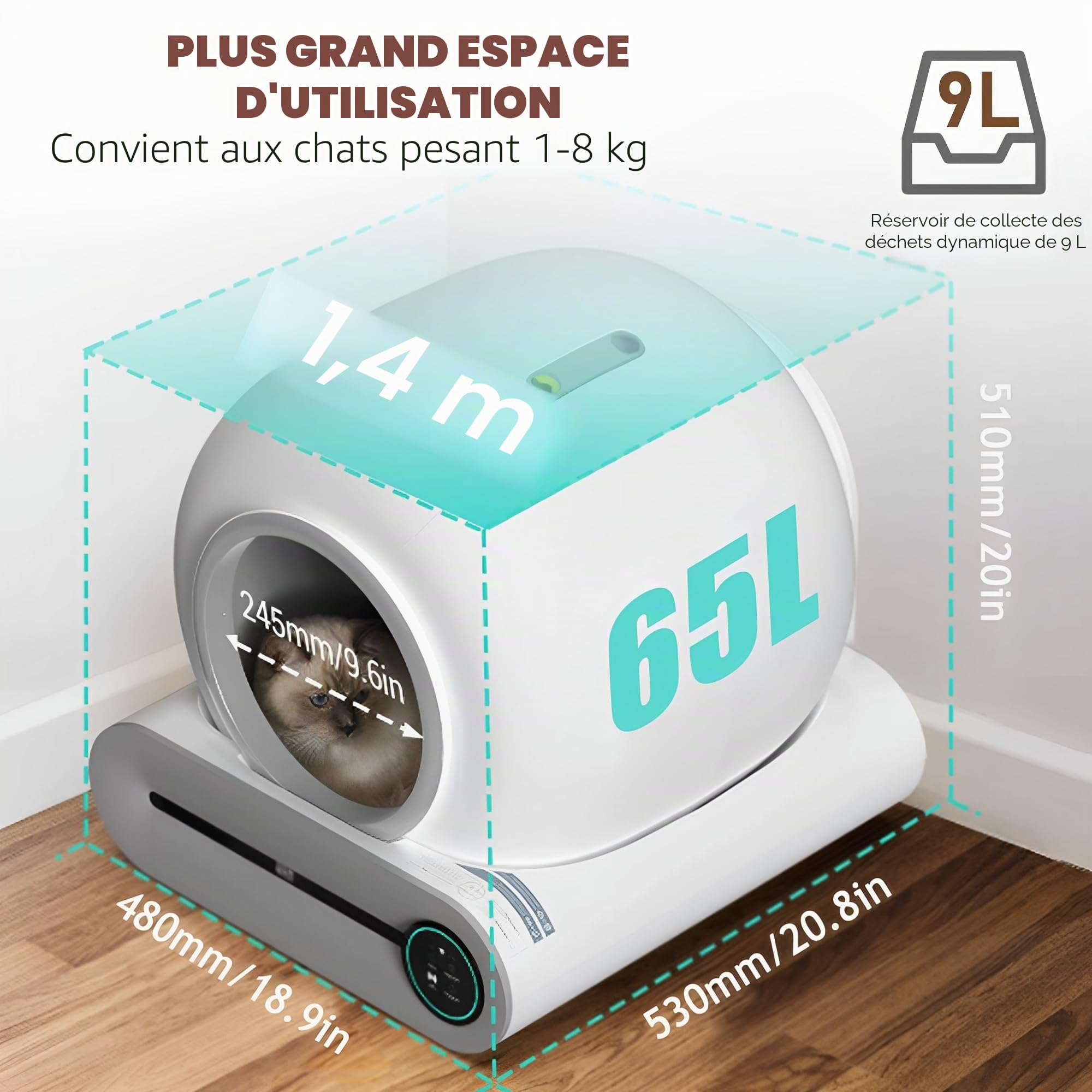 Litière Chat Automatique XXL Autonettoyante, Fermée, Anti-Odeur,Silencieuse | Litière chat autonettoyante XXL : multicapteurs sécurité, ions anti-odeurs, réservoir 65L+9L, entrée 15cm, application TUYA