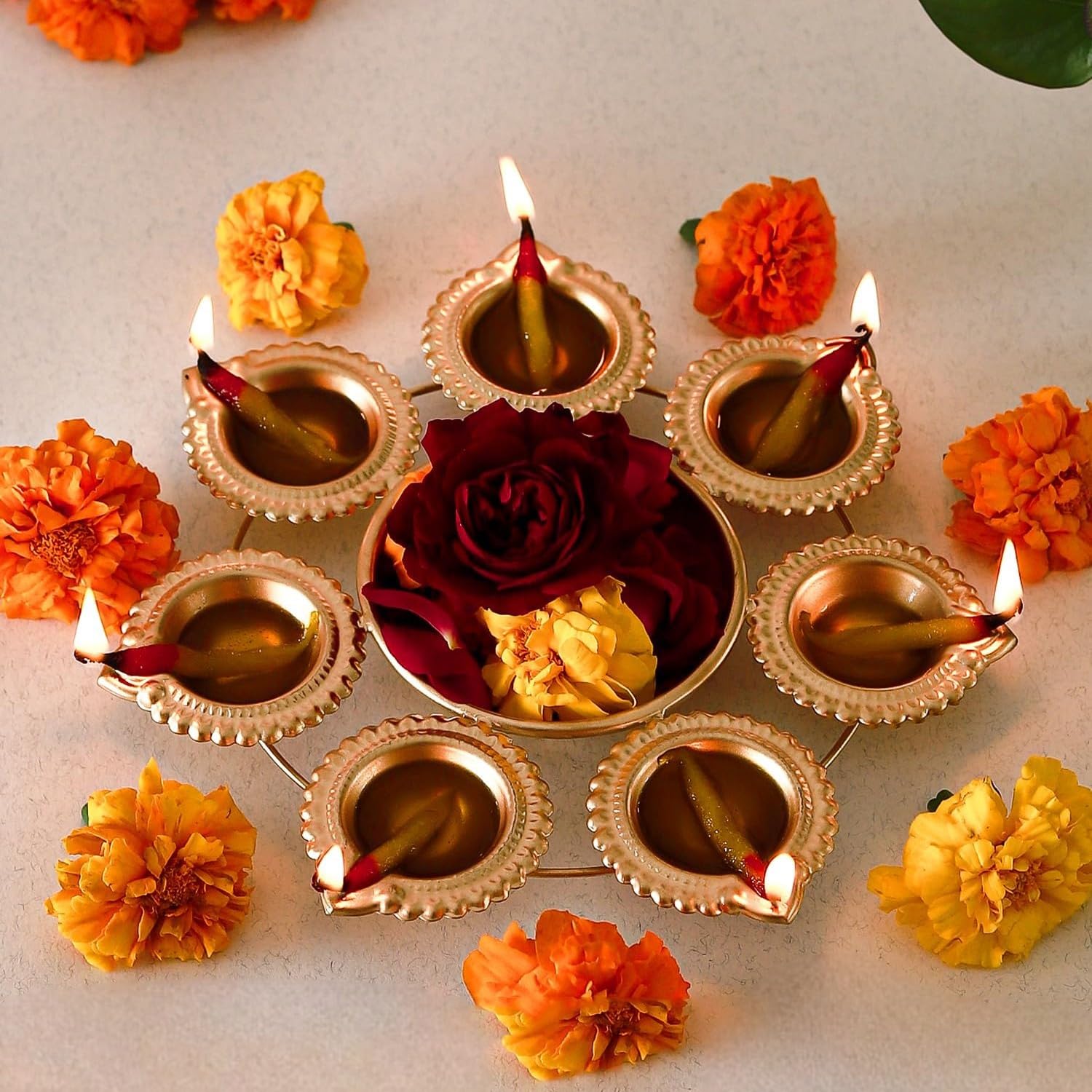 ascension Diya Shape Flower Decorative Urli Bowl for Home Diwali Decor with 7 Attached Oil Diyas for Floating Flowers and Tealight Candles Home Table Diwali Decoration Items for Pooja Room (8 inch)