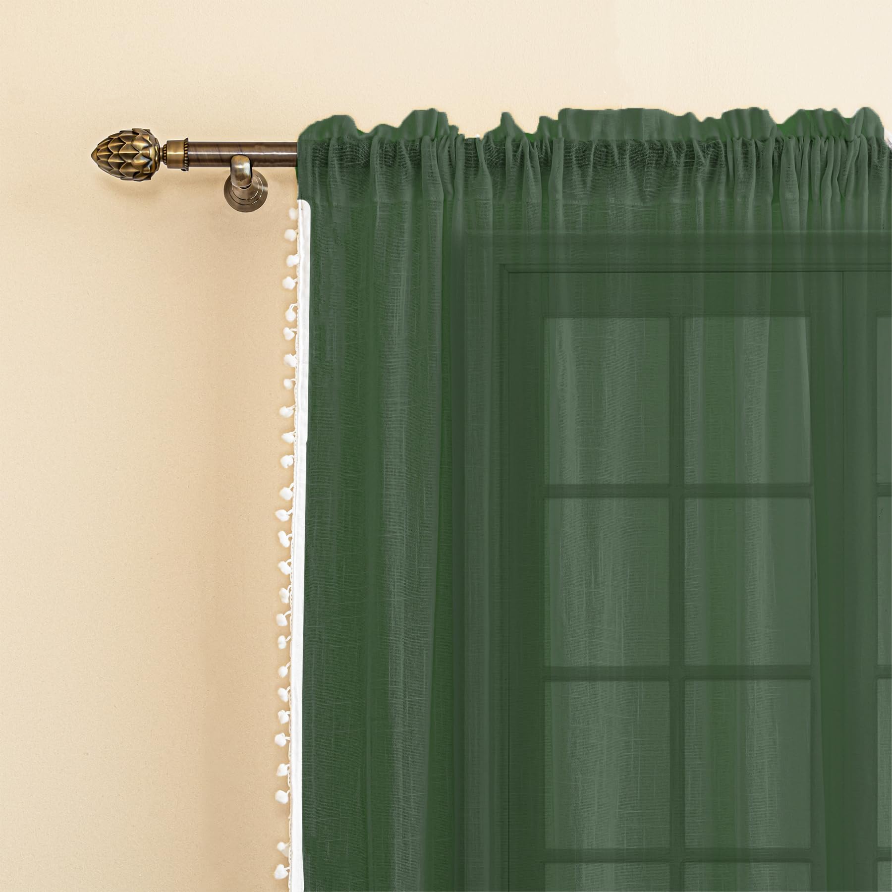 HOMEMONDE Sheer Curtains 6 Feet Long Set of 2 - Both Sides Pompom Window Curtain, Transparent and Light Filtering, Hang with Rod Pocket - (72 Inch, Dark Green)