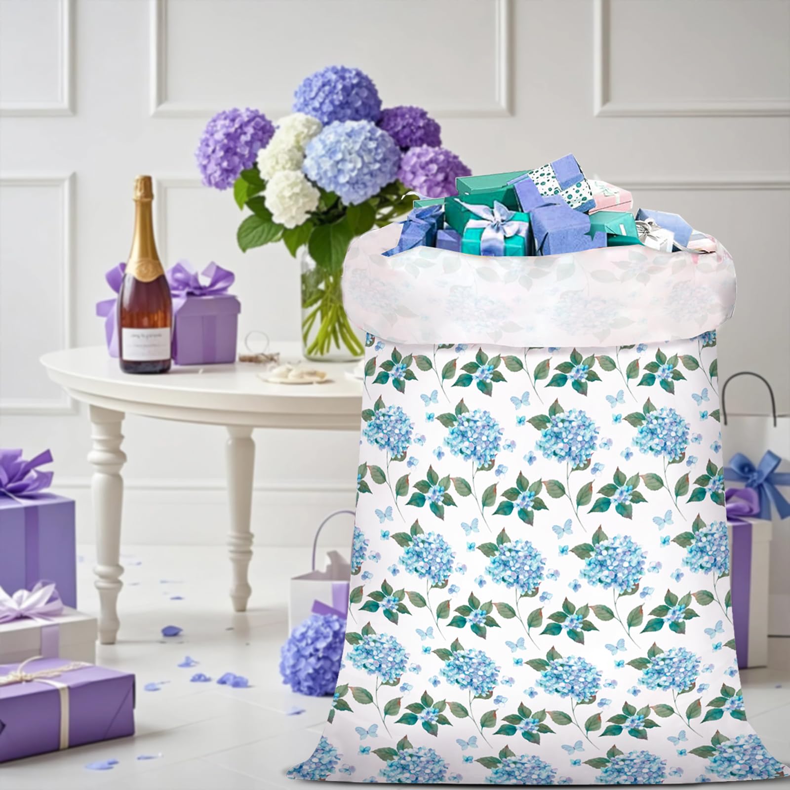 WRAPAHOLIC 56" Large Hydrangea Floral Plastic Gift Bag - Blue Hydrangea Flower Jumbo Bike Bag Gift Wrap for Wedding, Birthday, Bridal Shower, Tea Party - 56" H x 36" W