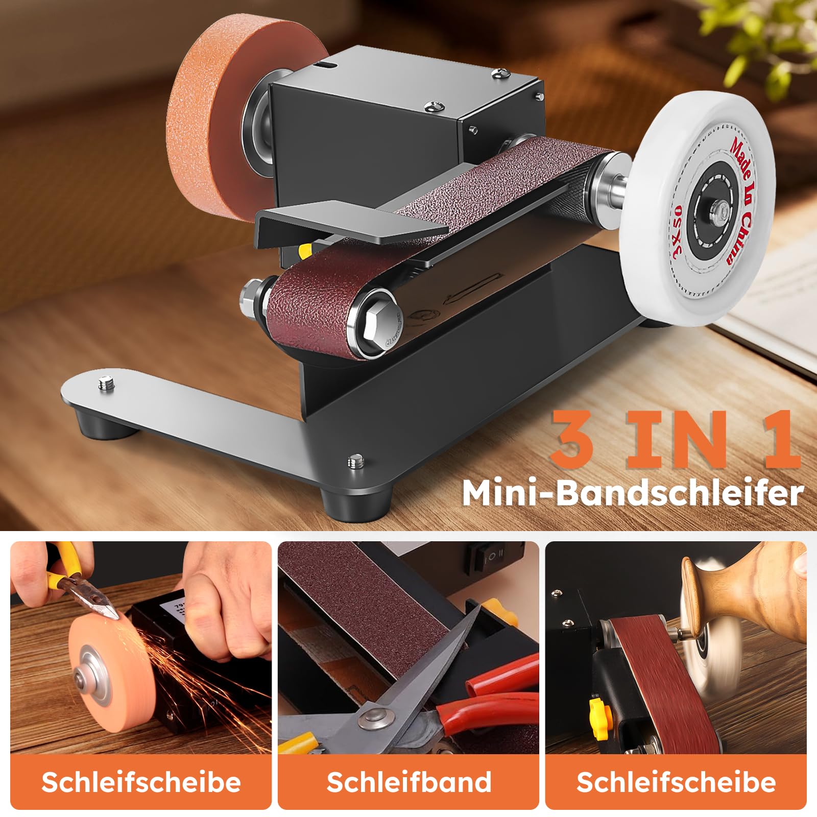 Mini Bandschleifer, 350W Elektrischer Bandschleifer, 7-Stufig Verstellbarer Polierer, DIY Polierschleifmaschine mit 10 Schleifbänder Geliefert, Schleifscheibe und Polierscheibe zum Polieren von Holz