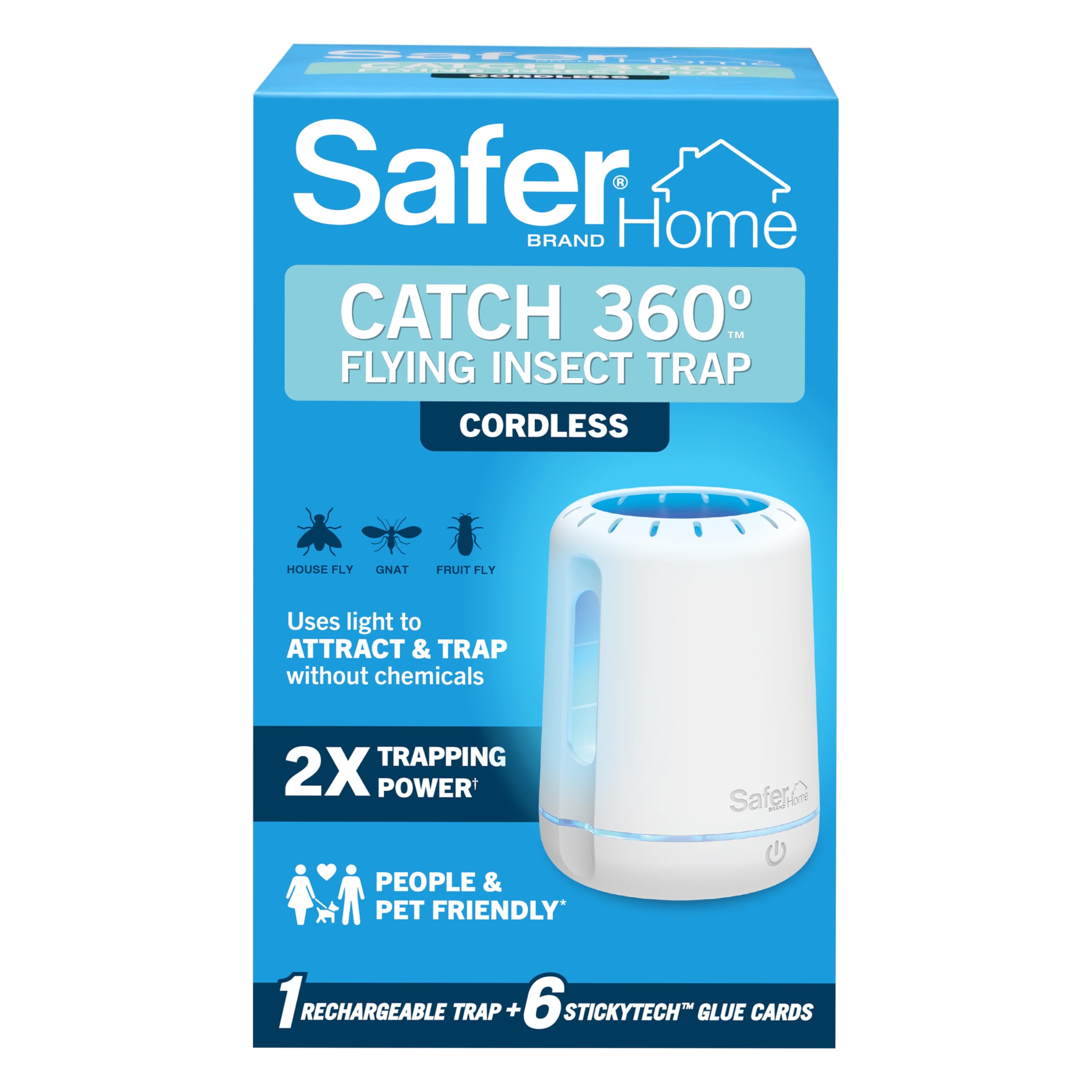 Photo 1 of Safer Home Catch 360° Cordless Flying Insect Trap, UV LED Light, Chemical-Free, 10 Day Rechargeable Battery, Effective Fruit Fly Traps for Indoors, Gnat Traps for House Indoor, 1 Device + 6 Glue Cards