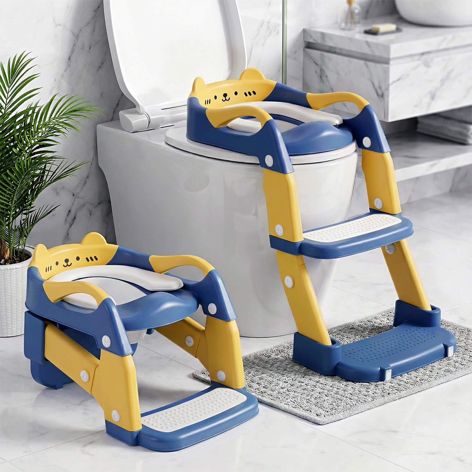 Orzbow Adaptador Wc Niños con Escalera, 2 en 1 Reductor Wc Niños, Orinal Portatil, Altura ajustable, Pedal Extensible y Cojín de PVC, Antideslizante y Ligero, Azul Amarillento