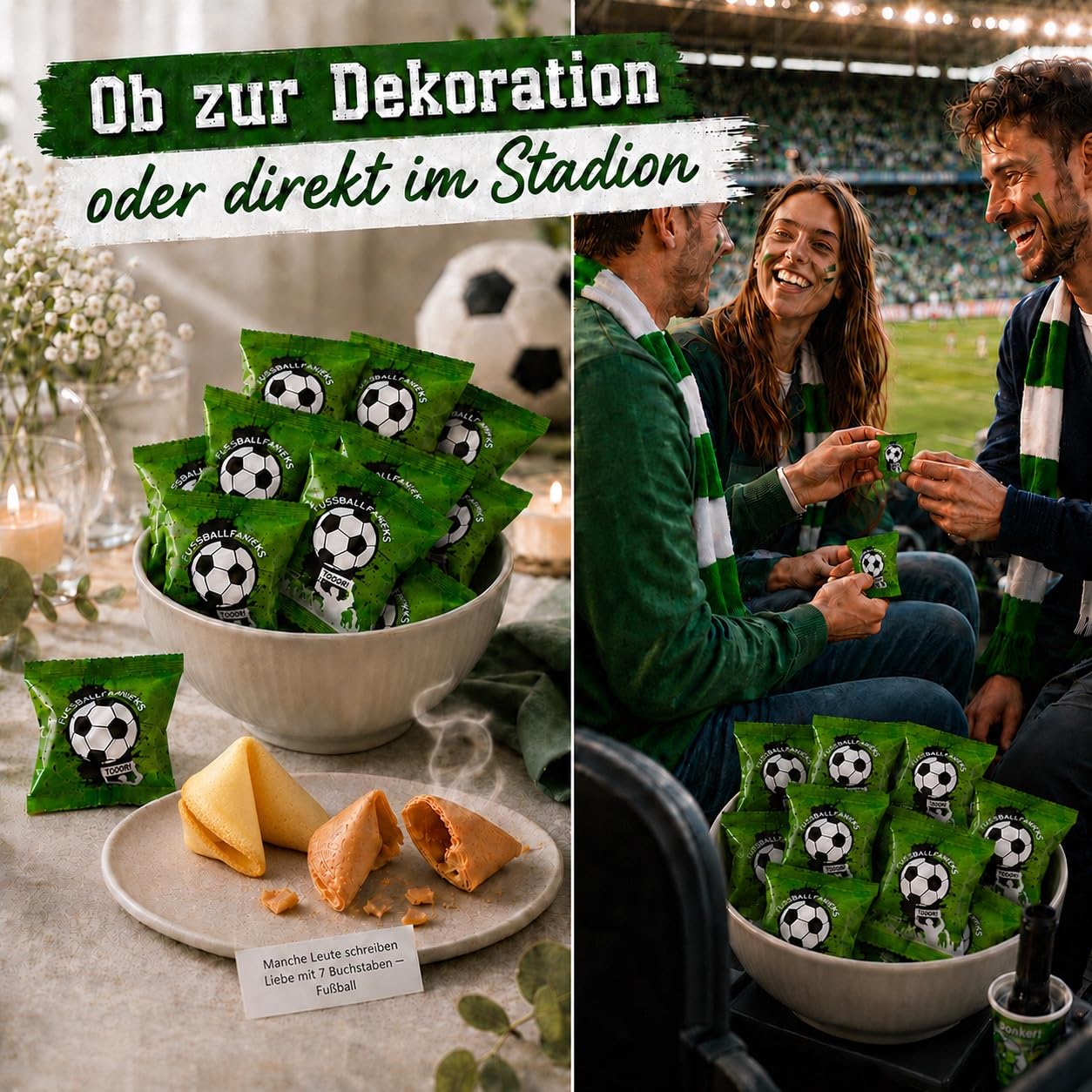 Glückskekse Fußball 250er Packung Fussball Kekse für Fussballfans mit Sprüchen rund um den Fussballsport als Deko Snack Geschenk und Mitbringsel zum Fussballspiel
