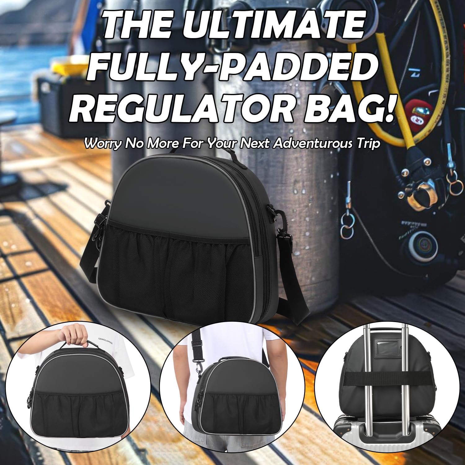 Bolsa táctica para reguladores y reguladores de buceo, bolsa acolchada para esnórquel con correa para el hombro (negro impermeable)